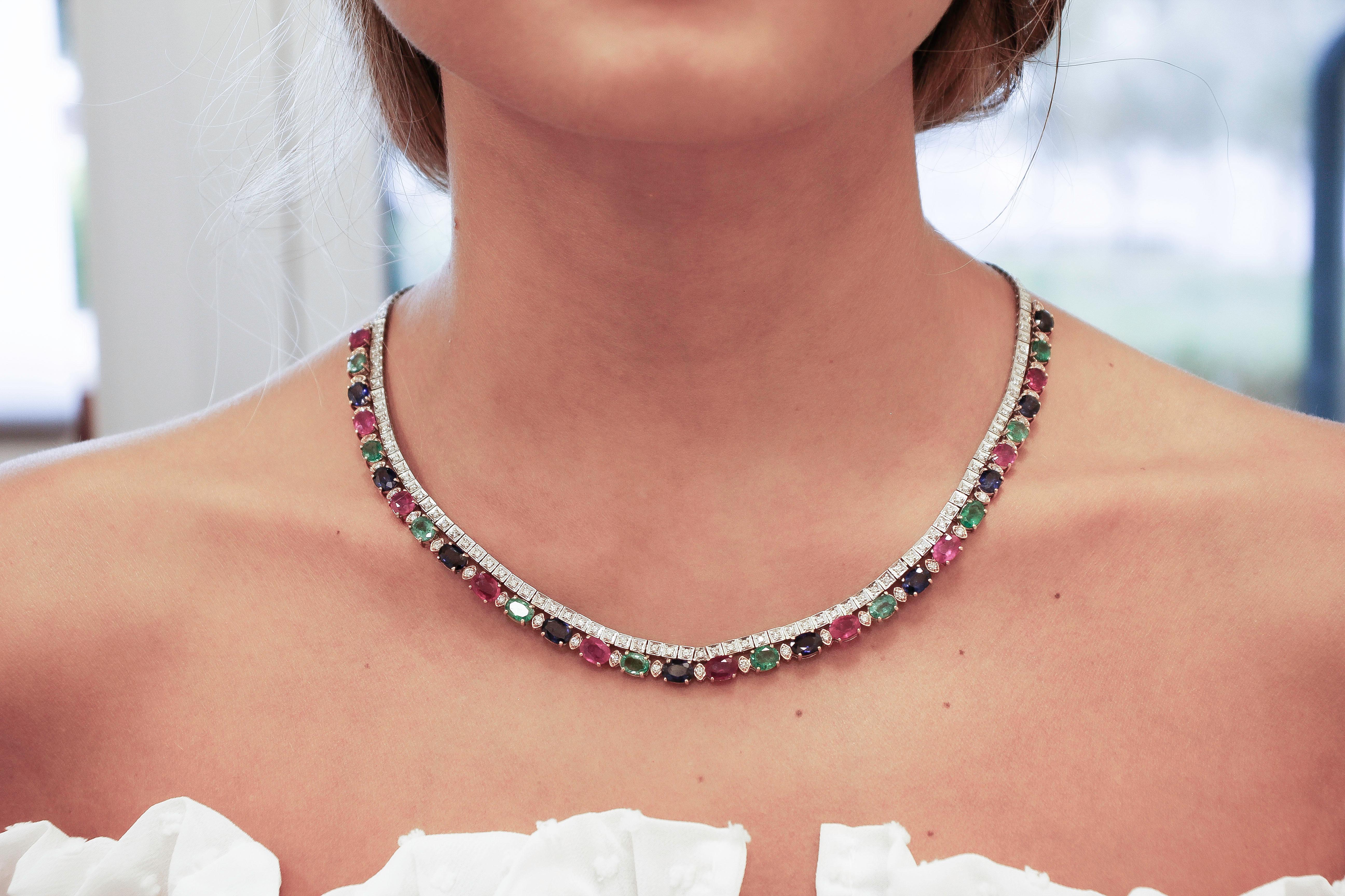 Modern 23.45ct Rubies Emeralds Blue Sapphires, Diamonds, 14K White Rose Gold Necklace