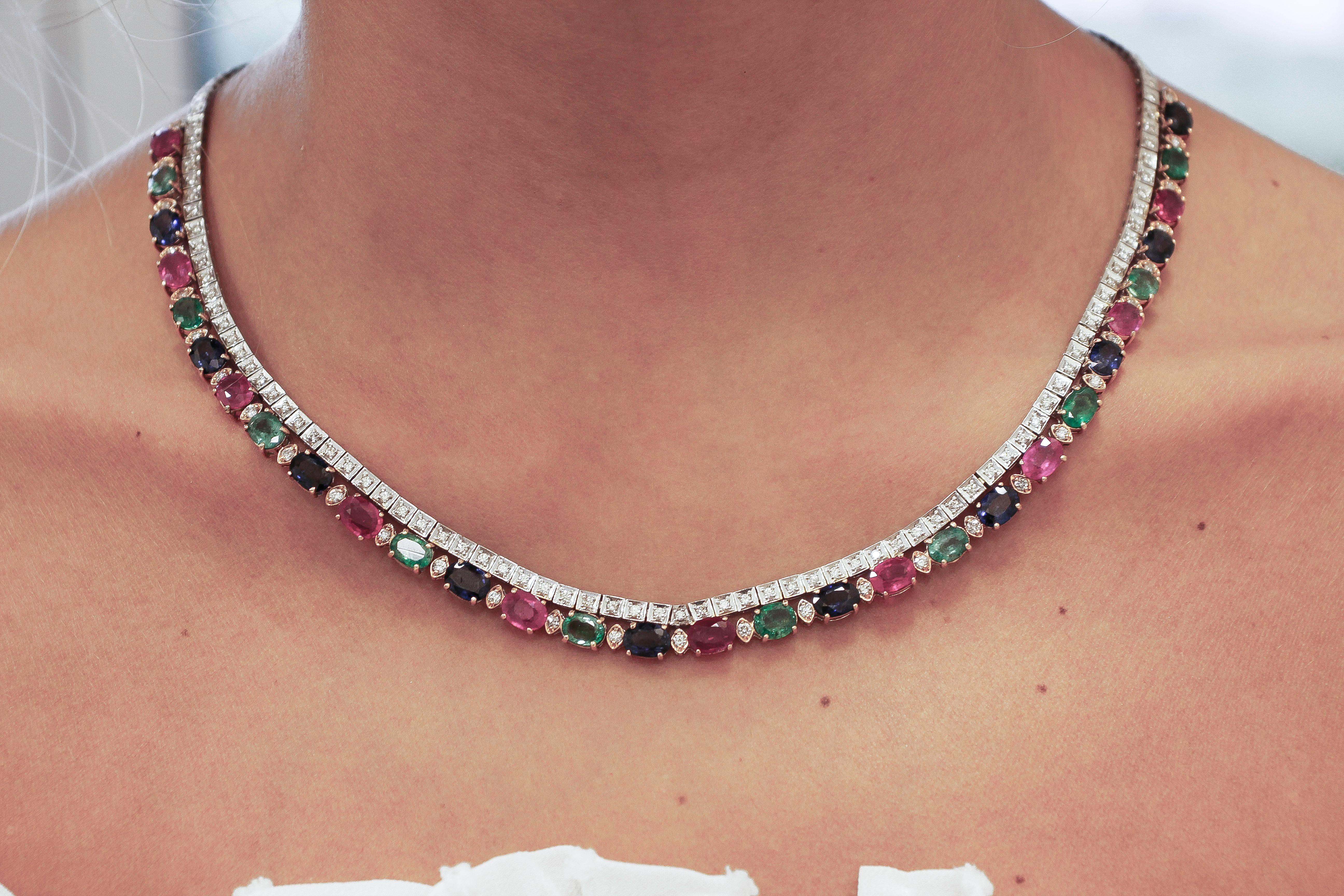 Brilliant Cut 23.45ct Rubies Emeralds Blue Sapphires, Diamonds, 14K White Rose Gold Necklace