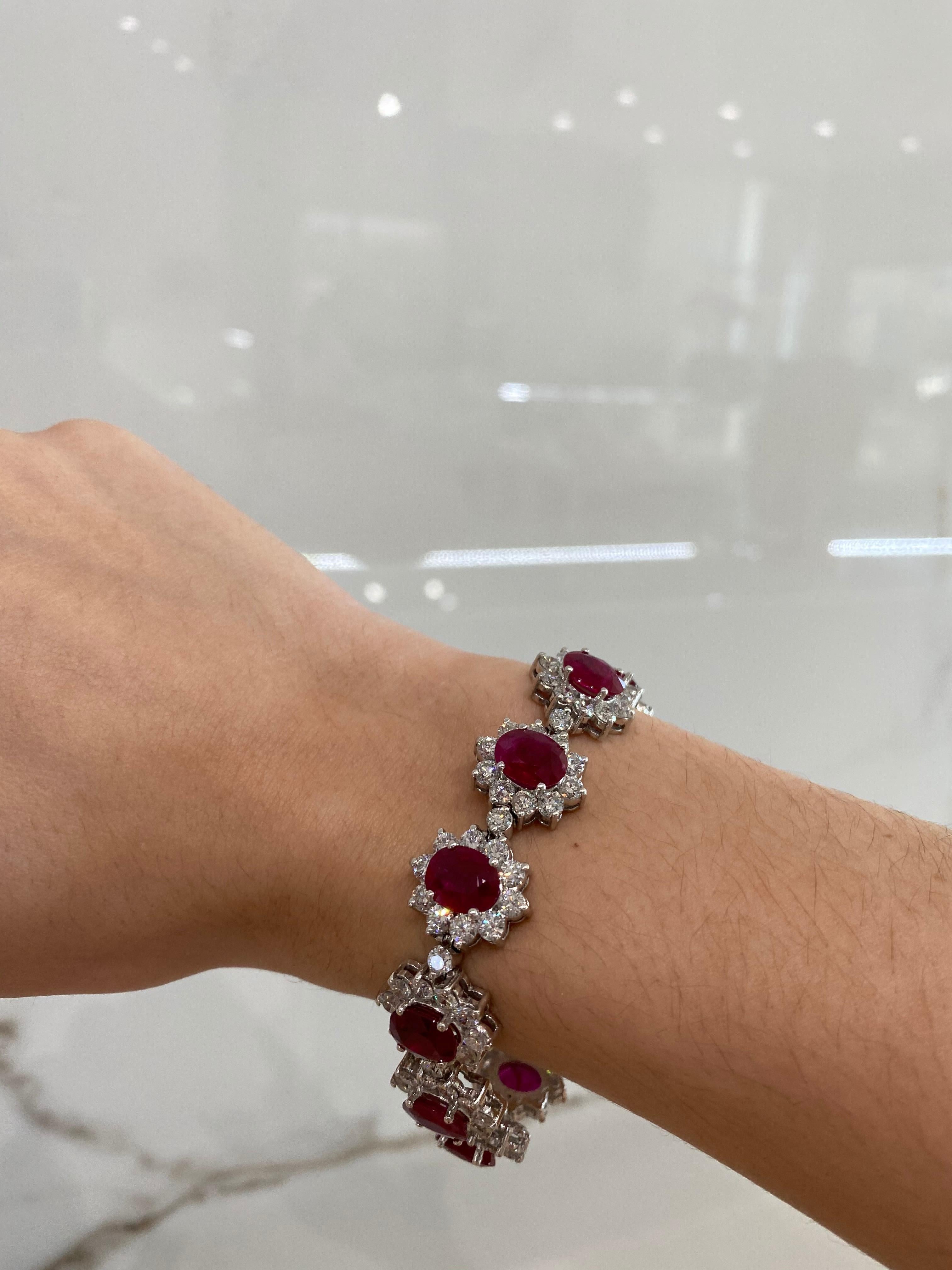 Women's or Men's 23.45 Carat Oval Ruby and 14.40ct Round Diamond Floral 18k White Gold Bracelet