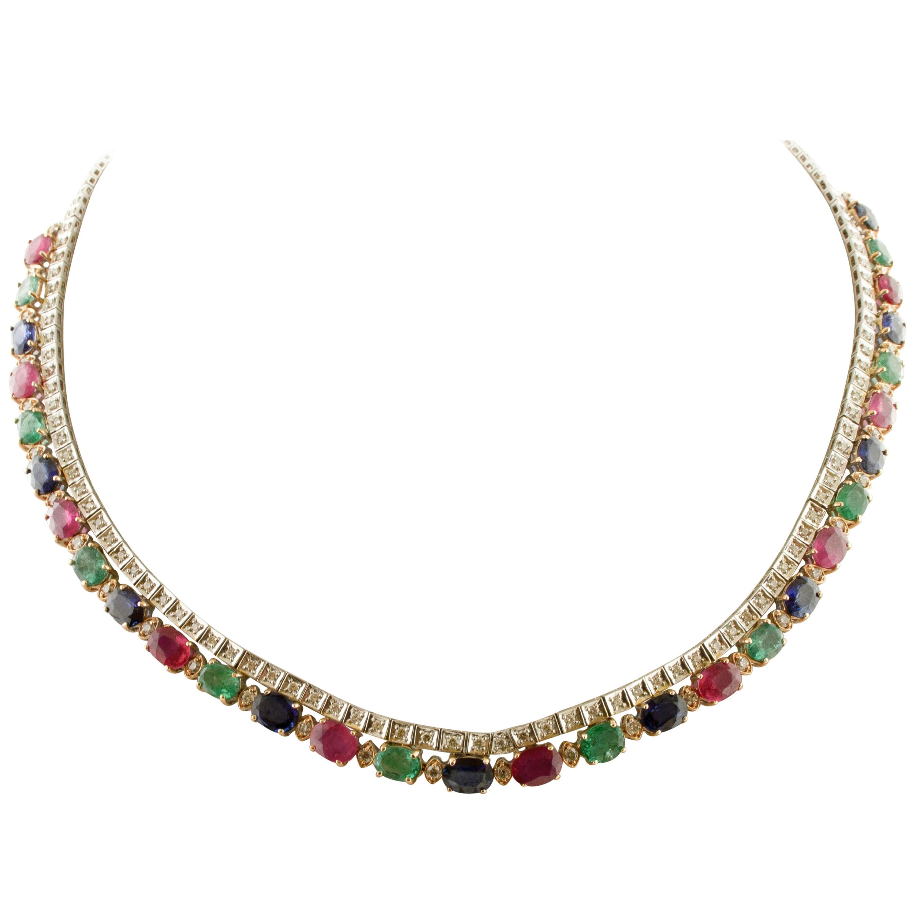 23.45ct Rubies Emeralds Blue Sapphires, Diamonds, 14K White Rose Gold Necklace