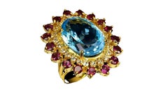 23.46 Carat Blue Topaz  & Garnet Ring 14 Karat Yellow Gold