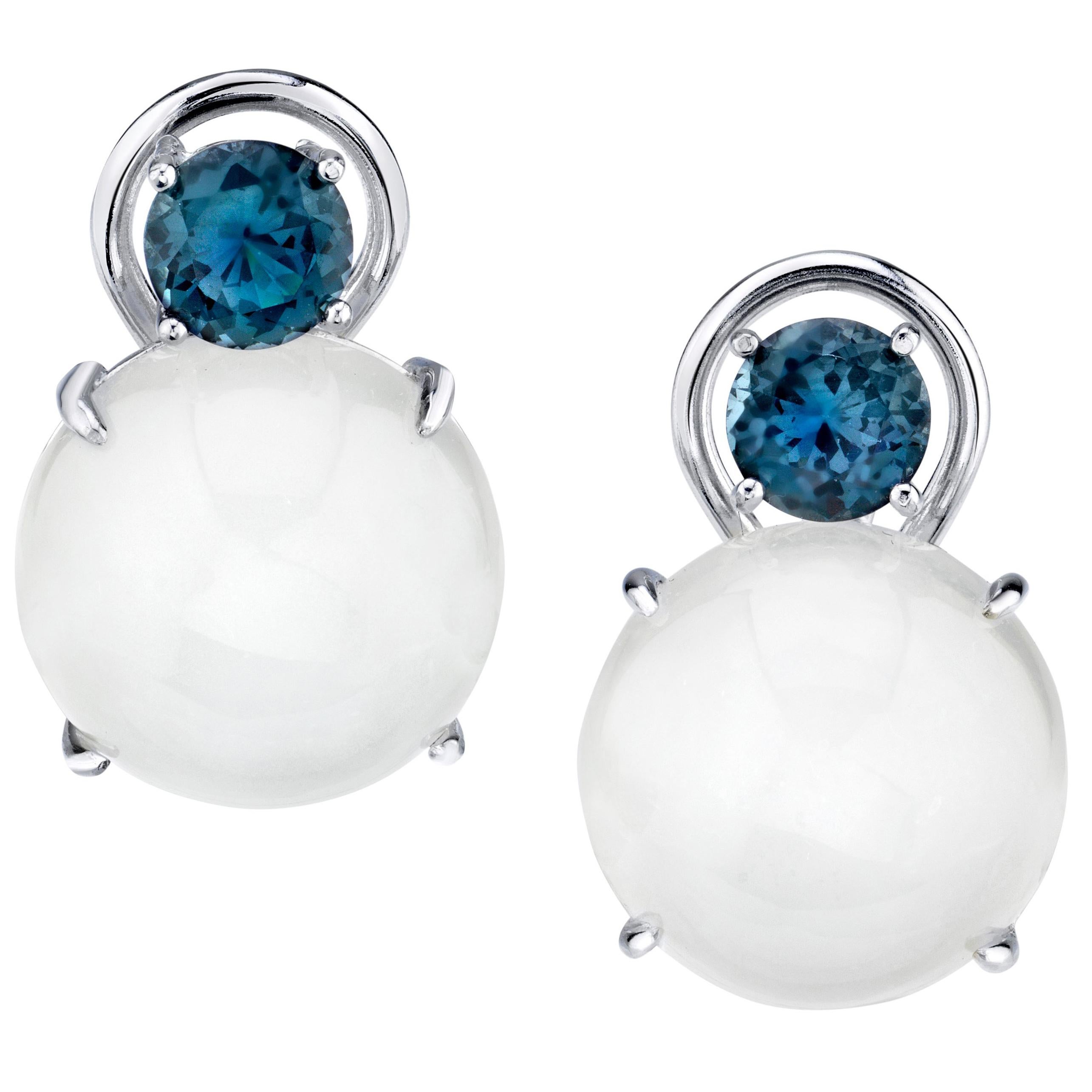 Moonstone and Blue Spinel Drop Earrings in White Gold, 23.47 Carats Total For Sale