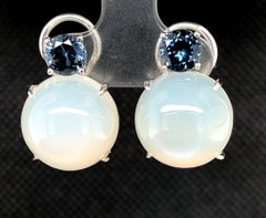 Moonstone and Blue Spinel Drop Earrings in White Gold, 23.47 Carats Total