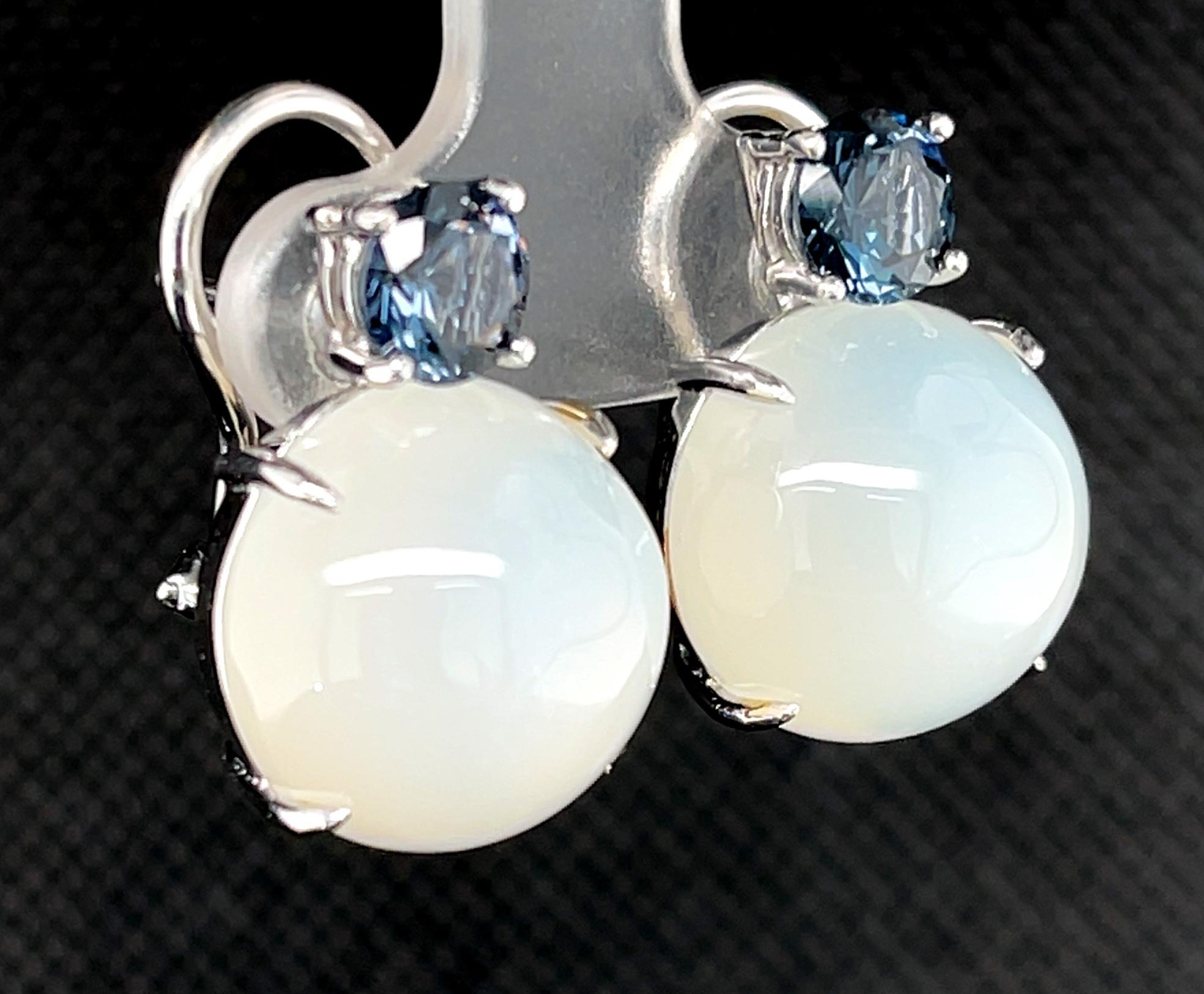 Artisan Moonstone and Blue Spinel Drop Earrings in White Gold, 23.47 Carats Total For Sale