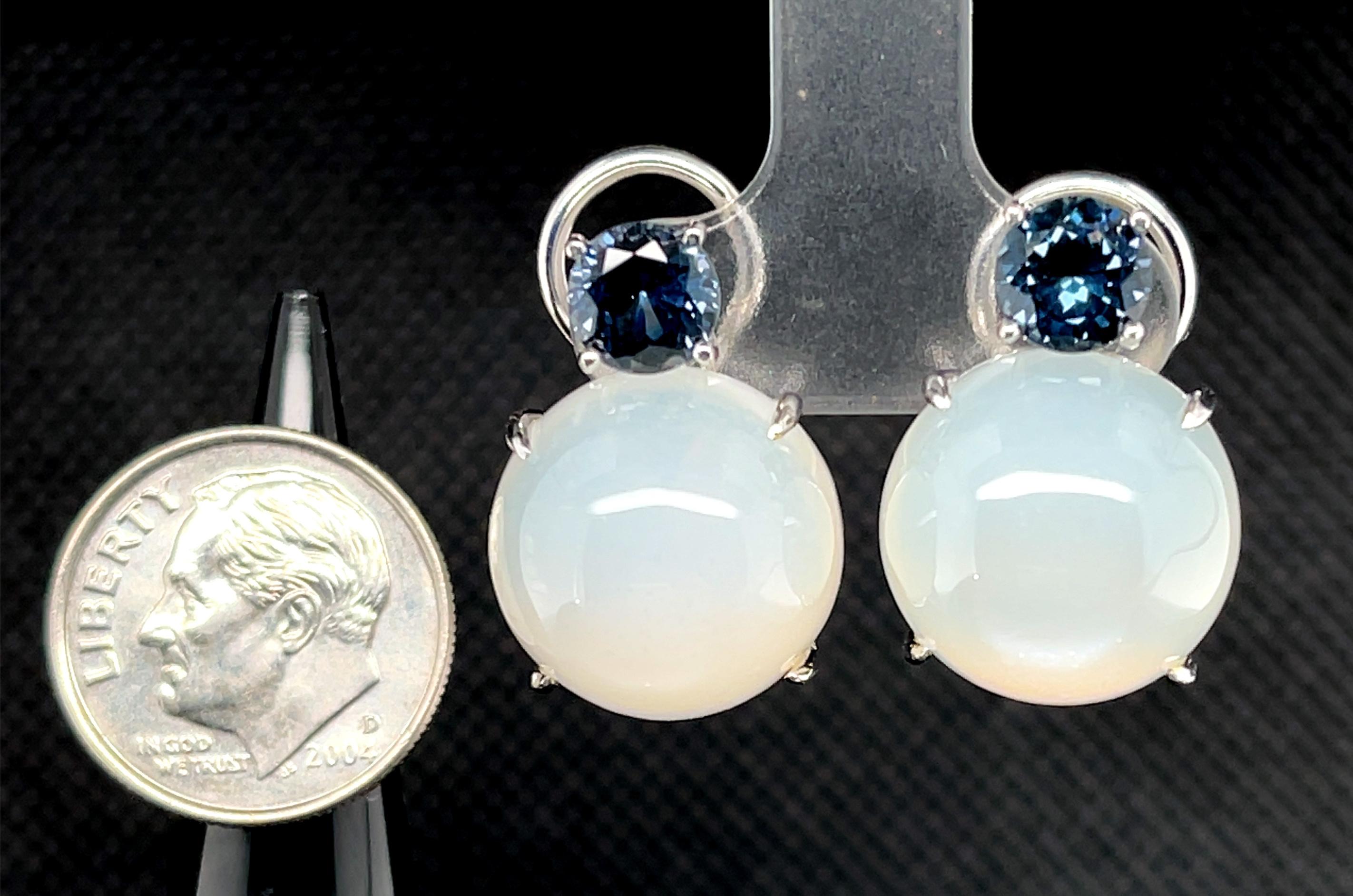 Women's Moonstone and Blue Spinel Drop Earrings in White Gold, 23.47 Carats Total For Sale