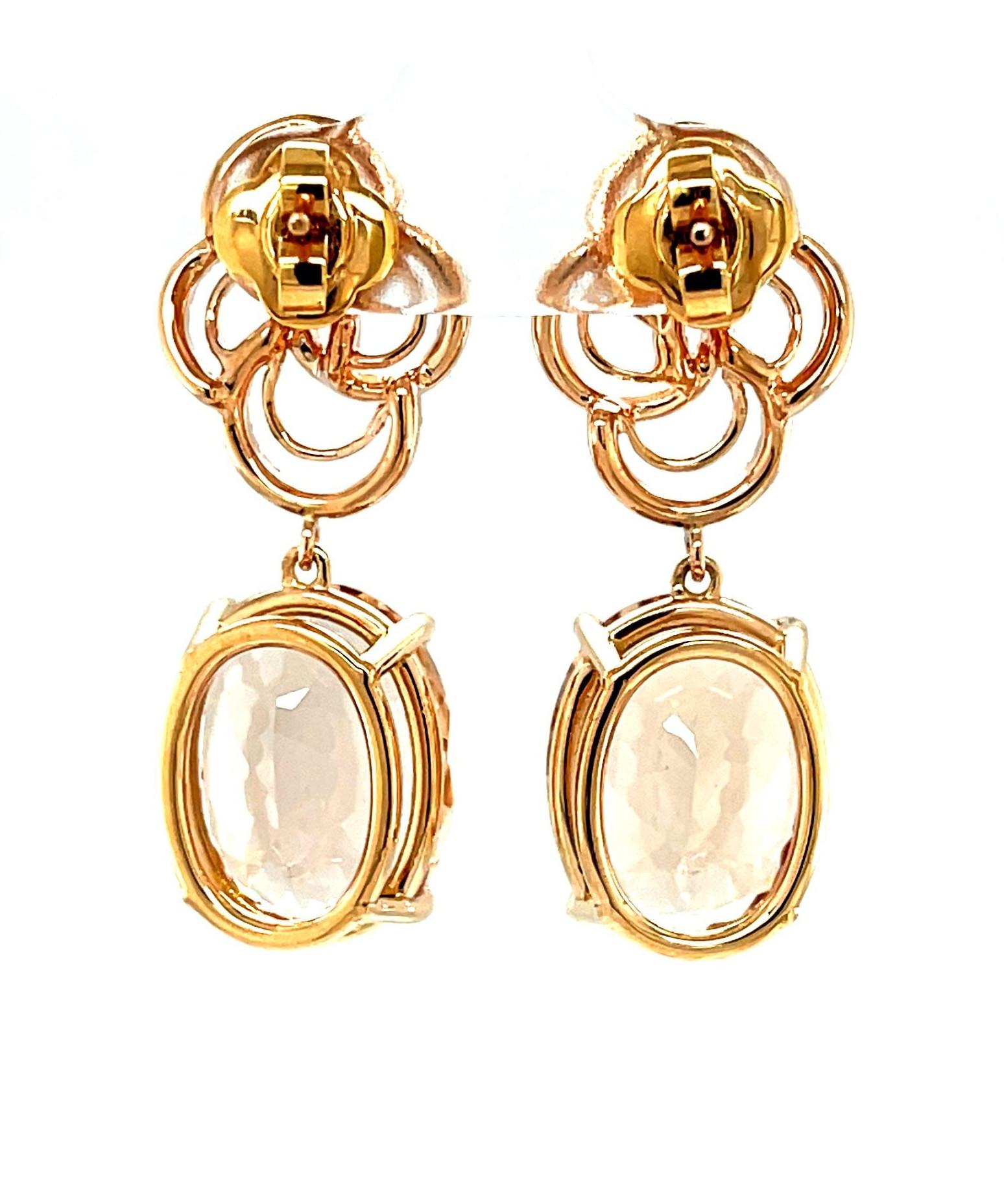 Artisan Morganite and Diamond Dangle Earrings in 18k Rose Gold, 23.49 Carats Total  For Sale