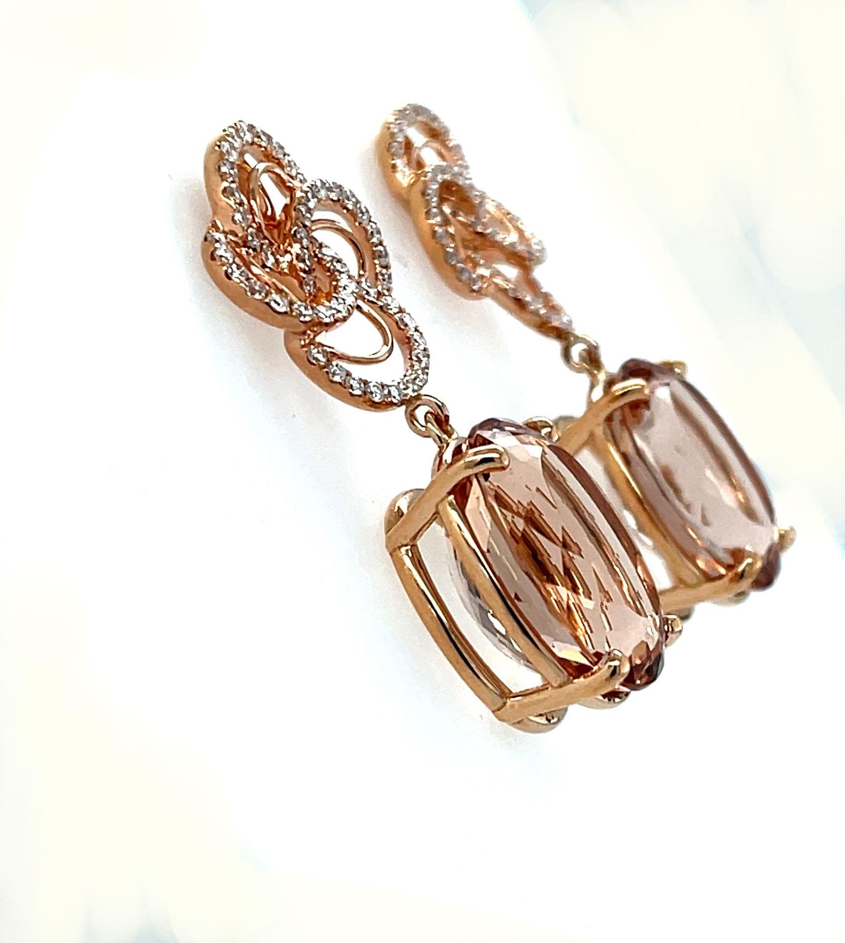 Morganite and Diamond Dangle Earrings in 18k Rose Gold, 23.49 Carats Total  In New Condition For Sale In Los Angeles, CA