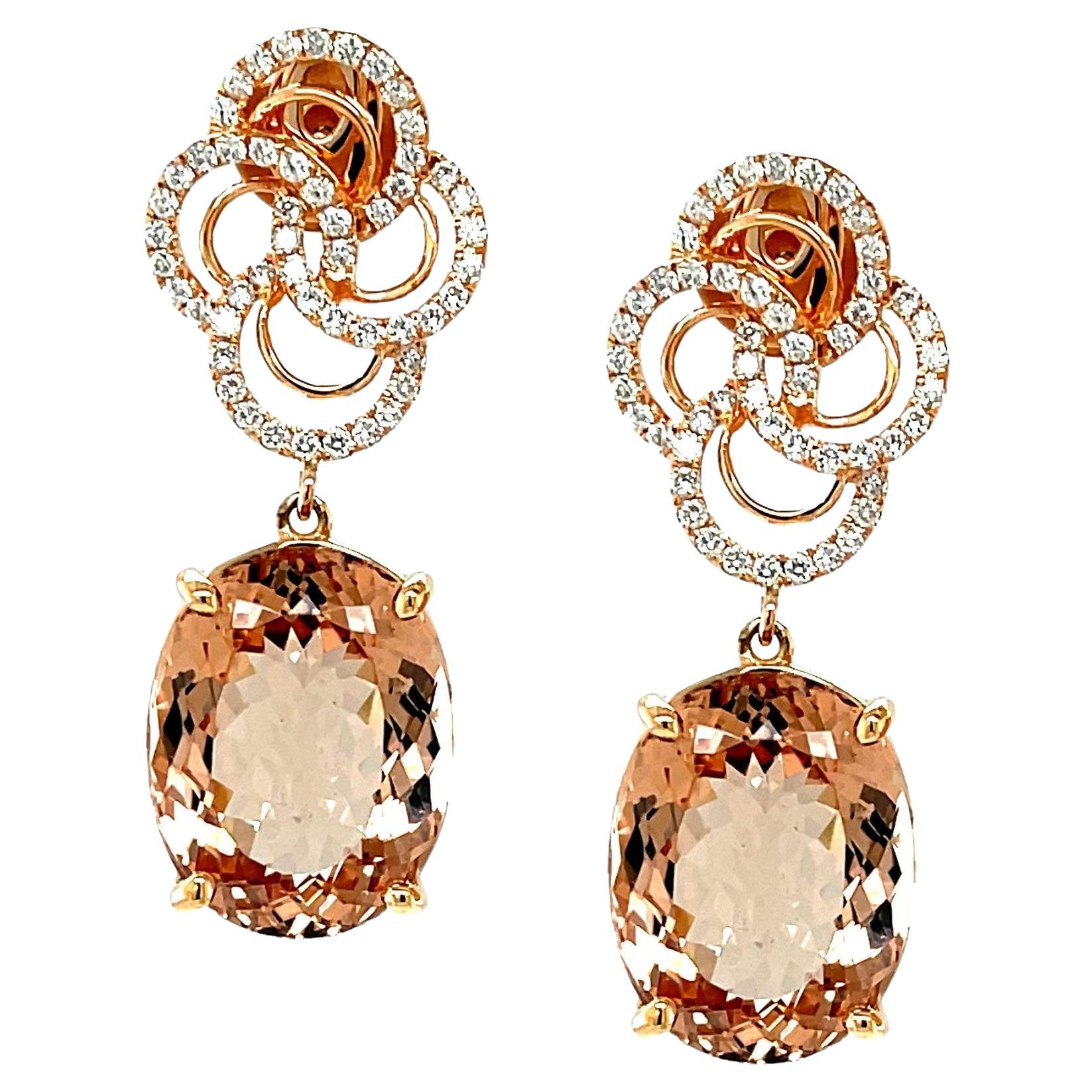 Morganite and Diamond Dangle Earrings in 18k Rose Gold, 23.49 Carats Total  For Sale