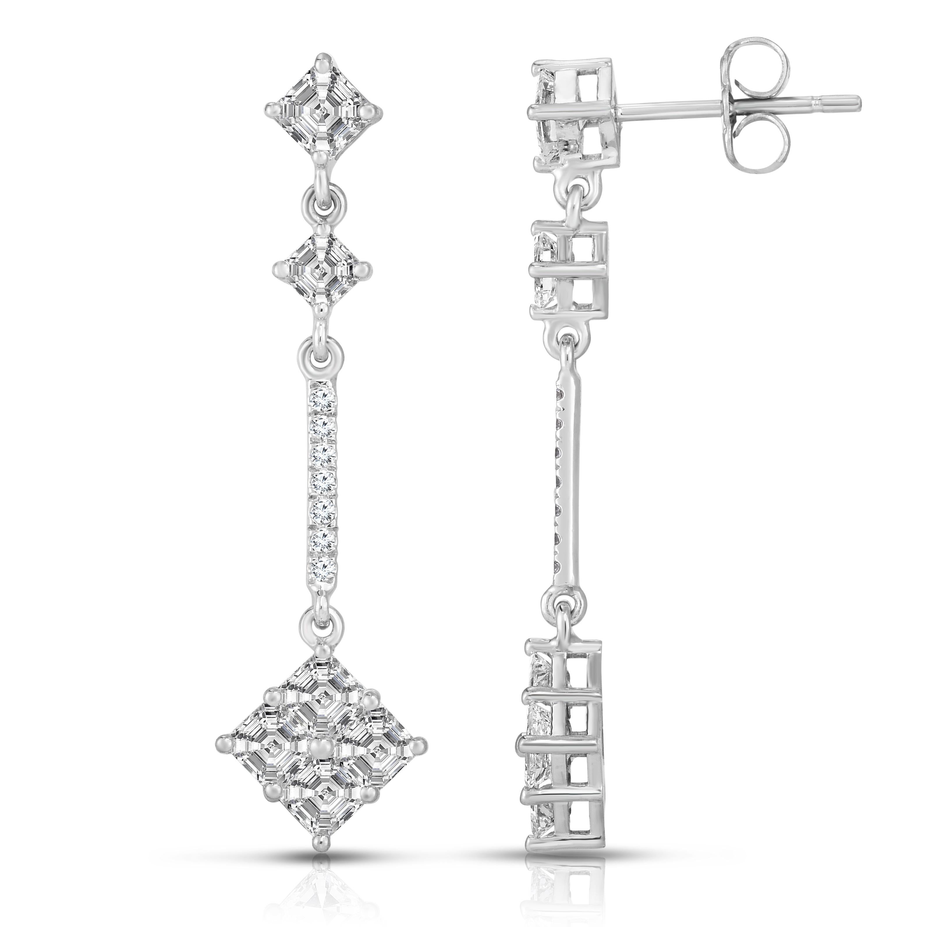 18kt white gold Asscher Cut diamond cluster earrings are 36 millimeter long and contain 26 diamonds G color VS1 clarity  2.34ct total weight.  If you don't see something, say something! We are a custom jewelry manufacturer in the heart of the