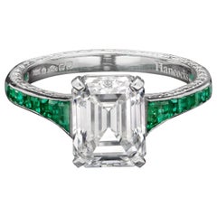 Hancocks 2.34ct F VS2 Vintage Emerald-Cut Diamond with Emerald Shoulders Ring 