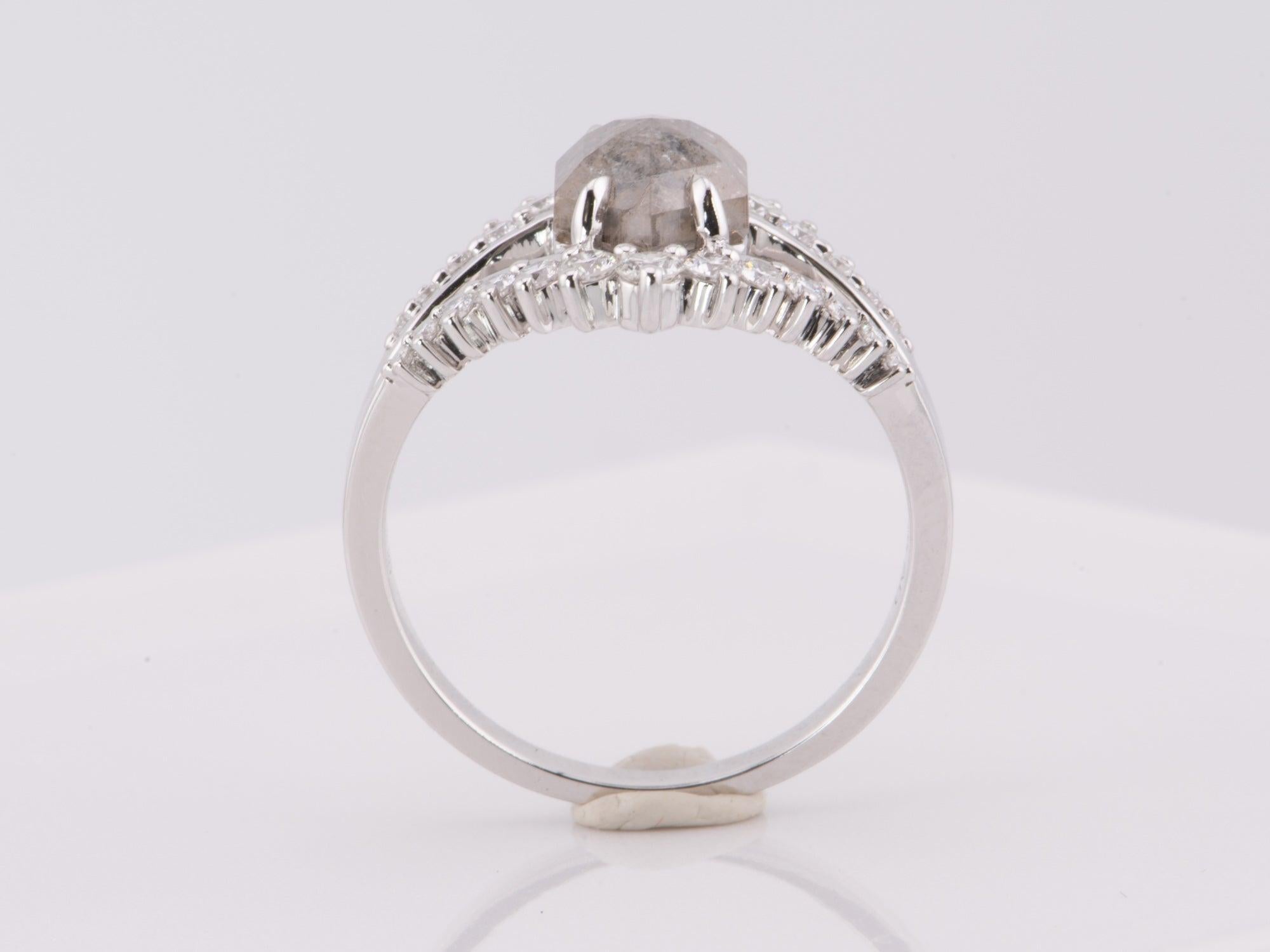 Uncut 2.34ct Hexagon Salt and Pepper Diamond Engagement Ring 14K White Gold R6595