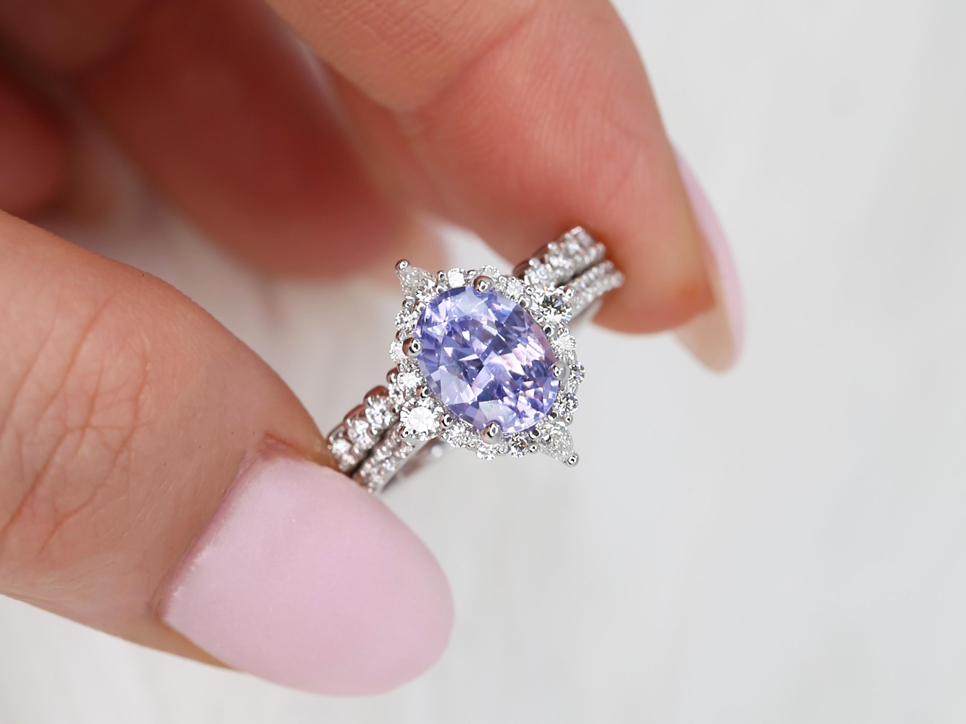 2.34ct Jadis 14kt White Gold Lavender Sapphire Diamond Compass Halo Bridal Set For Sale 3