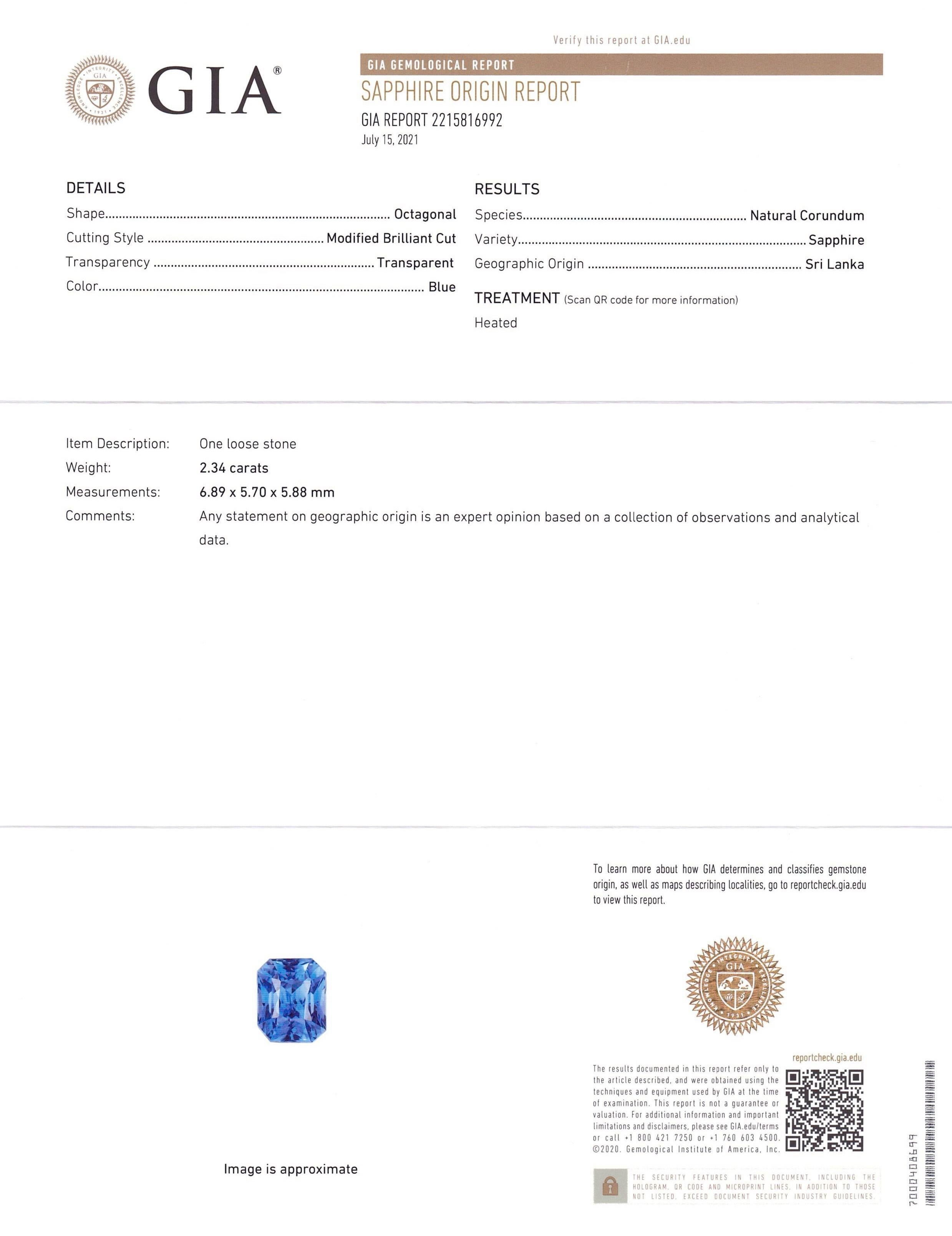 Women's or Men's 2.34ct Octagonal/Emerald Cut Blue Sapphire GIA Certified Sri Lanka