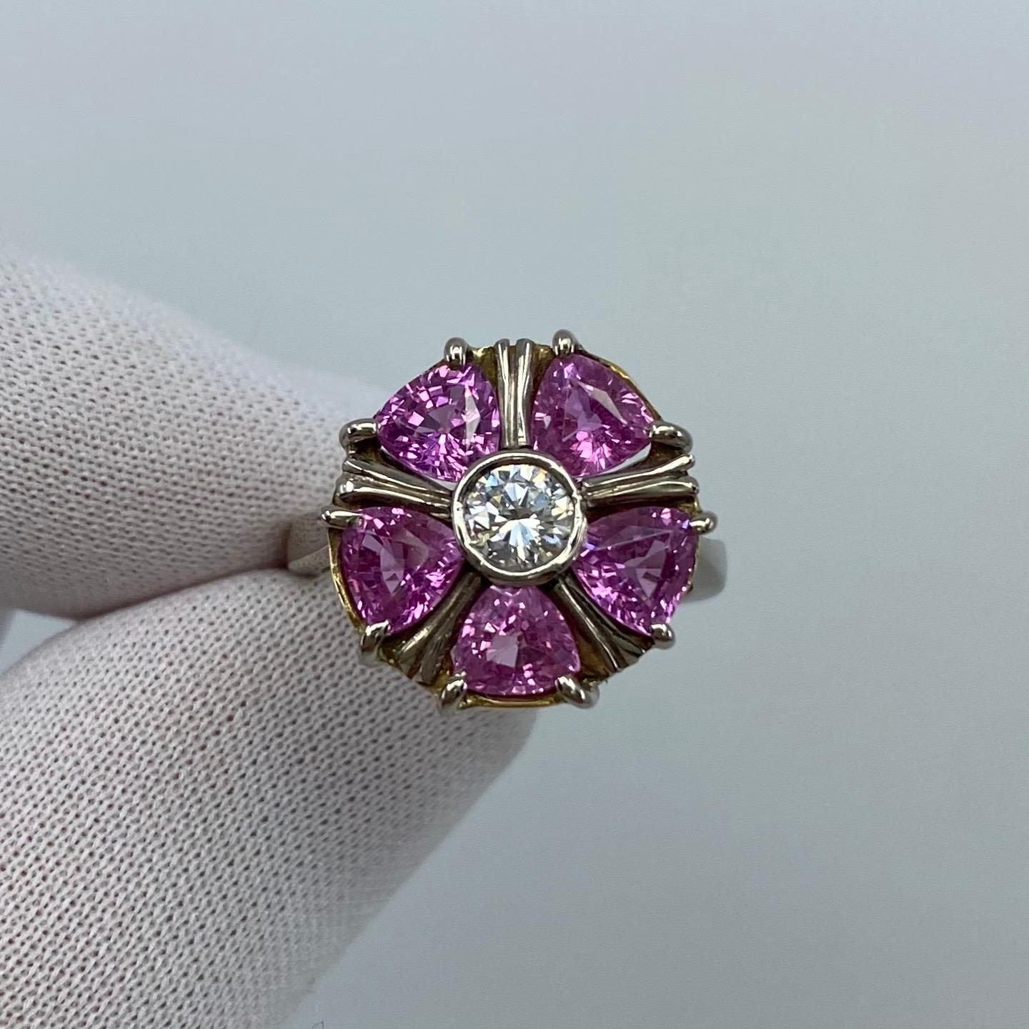 Trillion Cut 2.34 Carat Pink Sapphire Diamond 18k White Gold Flower Art Nouveau Cocktail Ring For Sale