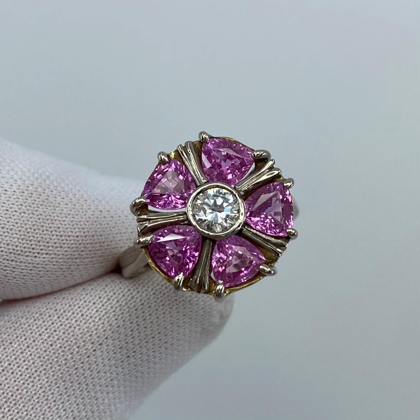 2.34 Carat Pink Sapphire Diamond 18k White Gold Flower Art Nouveau Cocktail Ring In New Condition For Sale In Birmingham, GB
