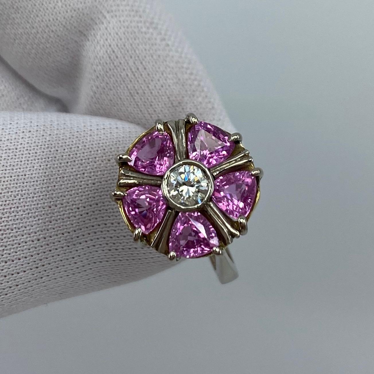 Women's or Men's 2.34 Carat Pink Sapphire Diamond 18k White Gold Flower Art Nouveau Cocktail Ring For Sale