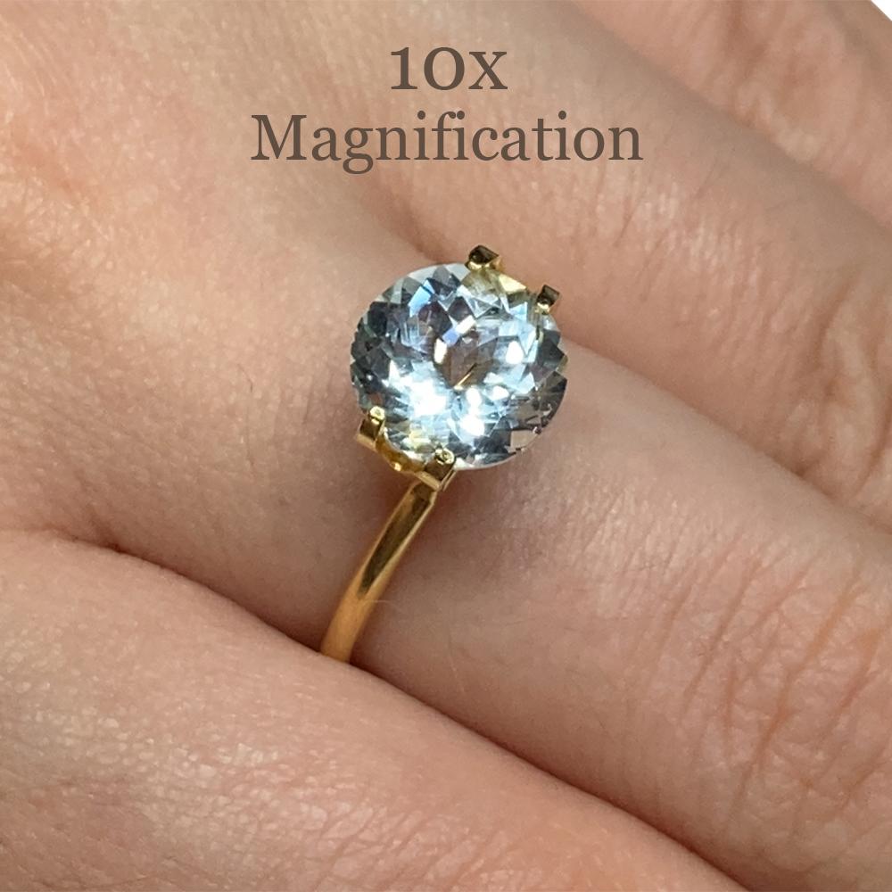 Description:

Gem Type: Aquamarine
Number of Stones: 1
Weight: 2.34 cts
Measurements: 8.88 x 8.88 x 5.80 mm
Shape: Round
Cutting Style Crown: Brilliant Cut
Cutting Style Pavilion: Mixed Cut
Transparency: Transparent
Clarity: Very Slightly Included: