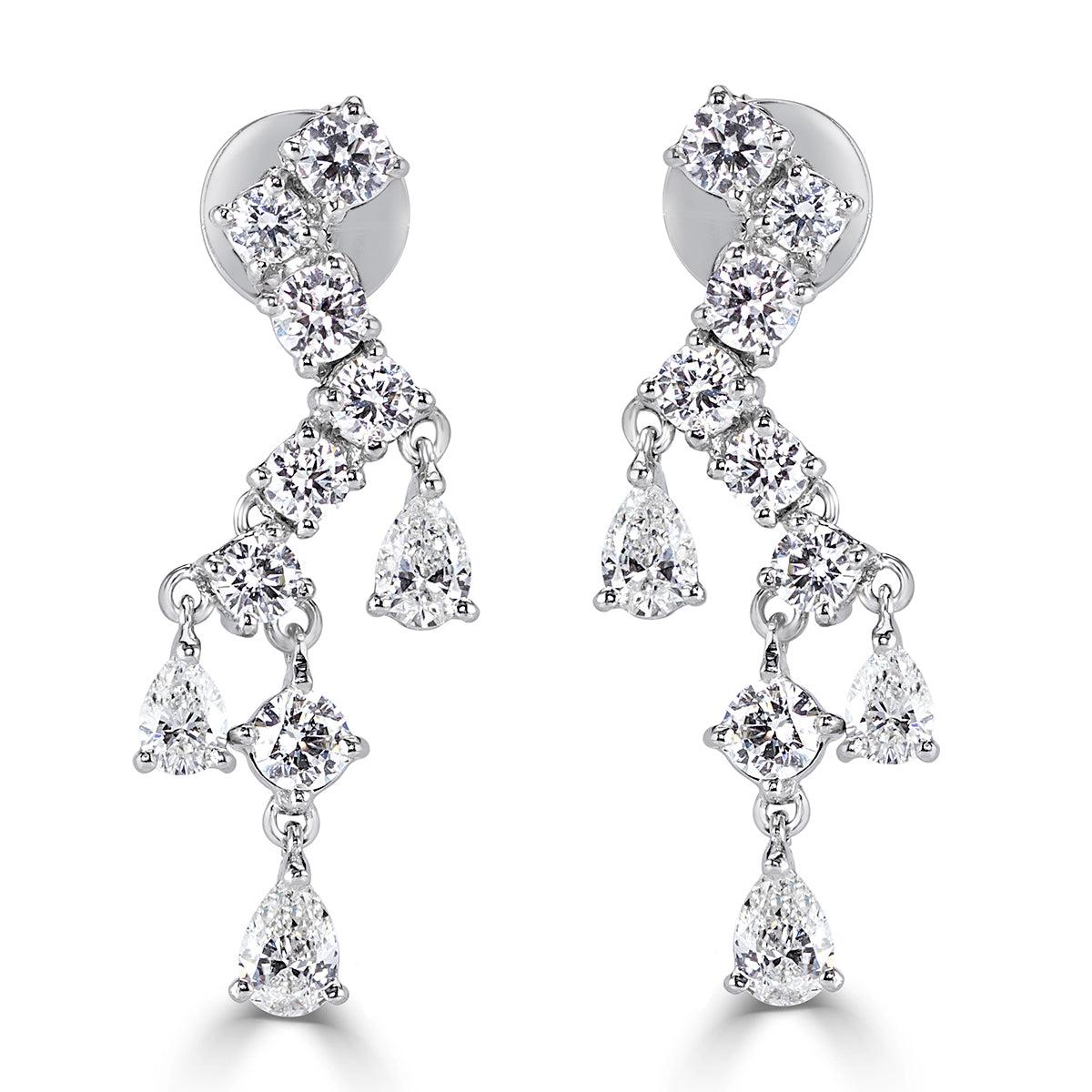 2.34ct Round Brilliant Cut and Pear Shaped Diamond Dangle Earrings For Sale
