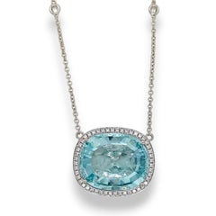 23.5 Aquamarine Round Diamond White Gold Necklace
