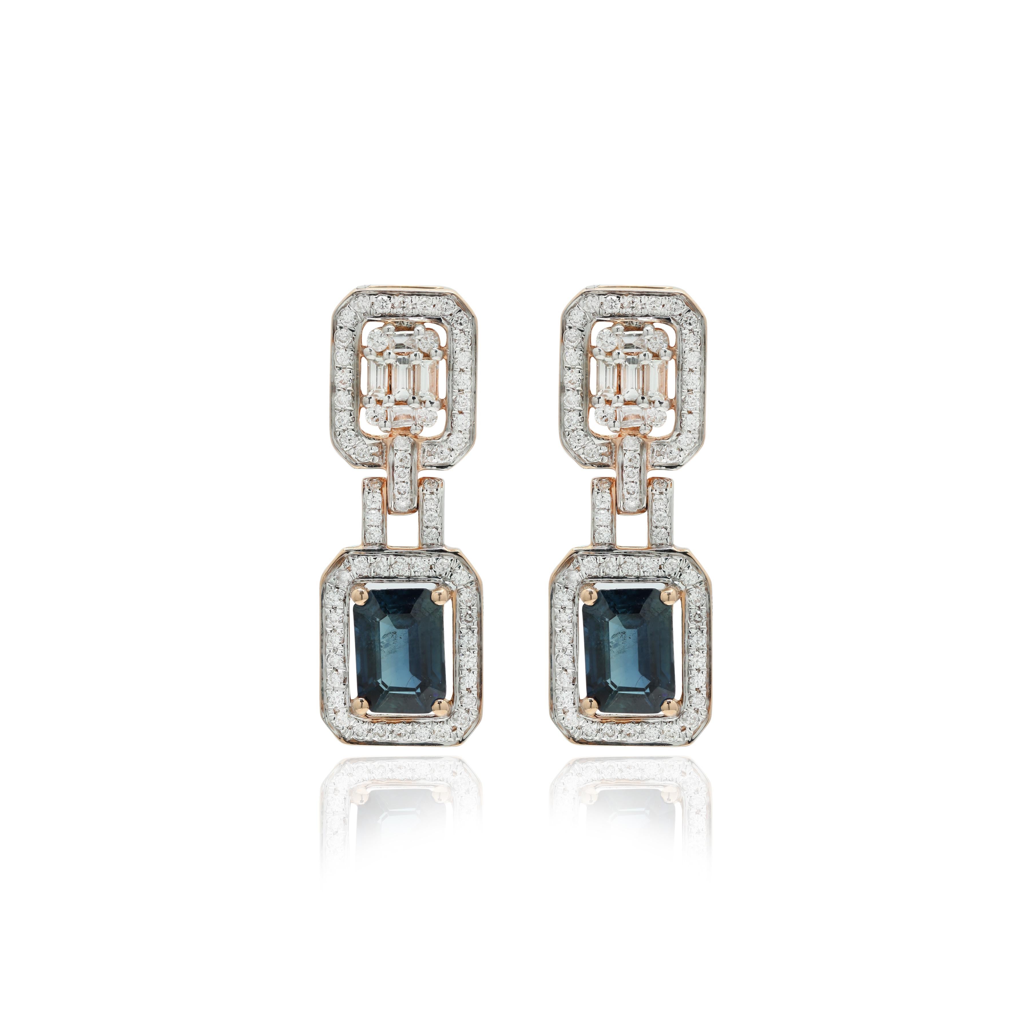 Blue Sapphire and Diamond Dangle Earrings to make a statement with your look. These earrings create a sparkling, luxurious look featuring octagon cut gemstone.
If you love to gravitate towards unique styles, this piece of jewelry is perfect for