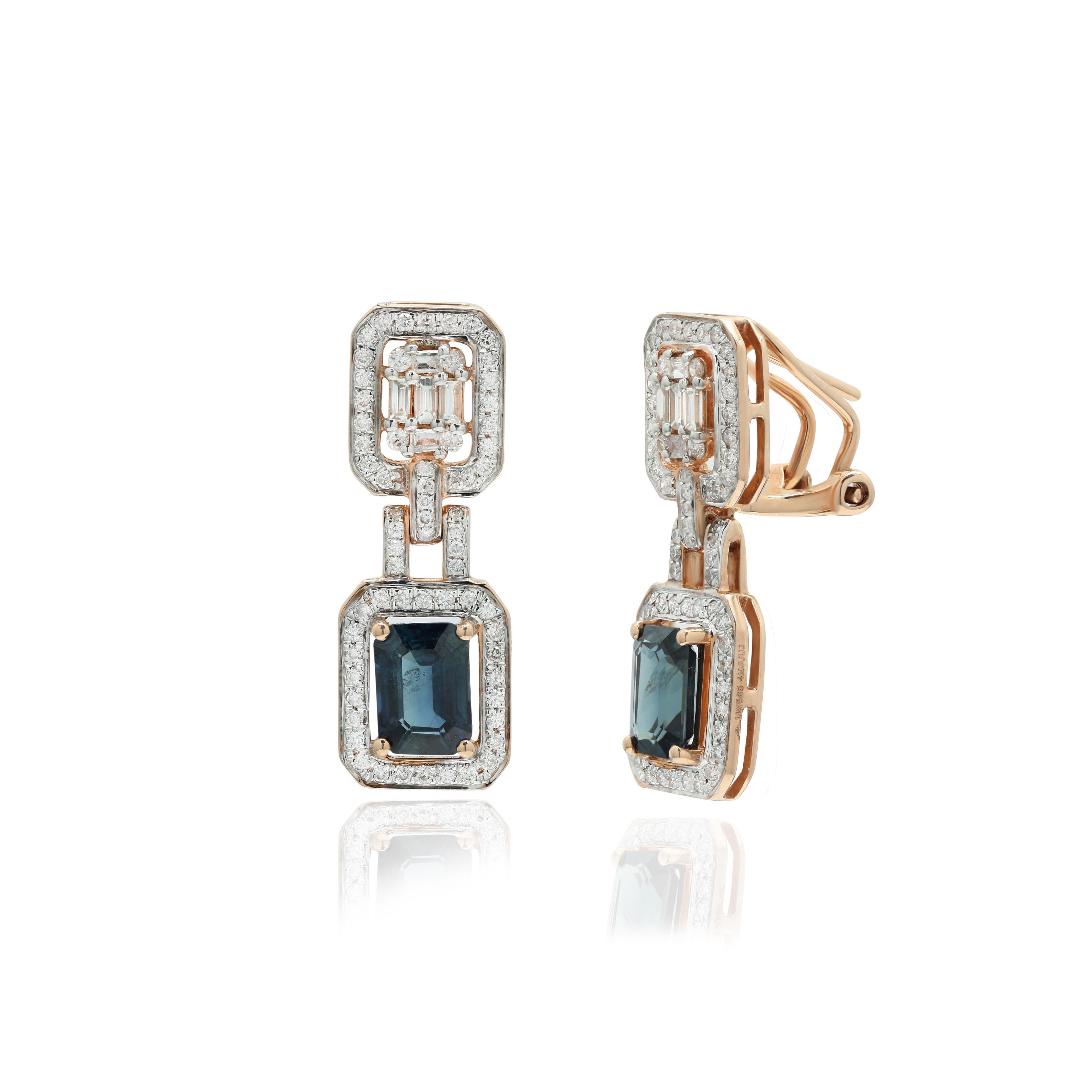 Modern 2.35 Carat Blue Sapphire Diamond 14K Rose Gold Dangle Earrings For Wedding For Sale