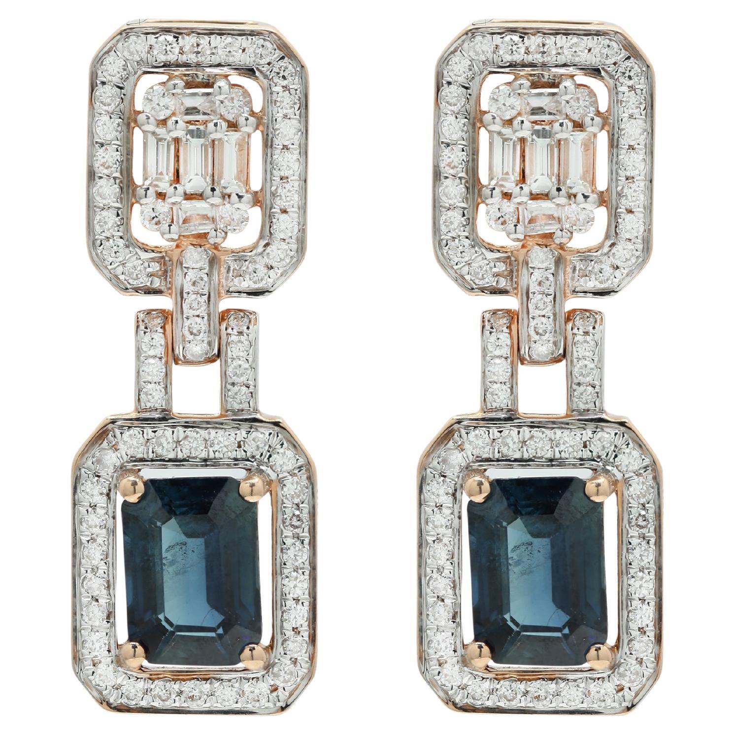 2.35 Carat Blue Sapphire Diamond 14K Rose Gold Dangle Earrings For Wedding For Sale