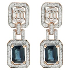 Pendants d'oreilles de mariage en or rose 14 carats avec saphir bleu de 2,35 carats et diamants