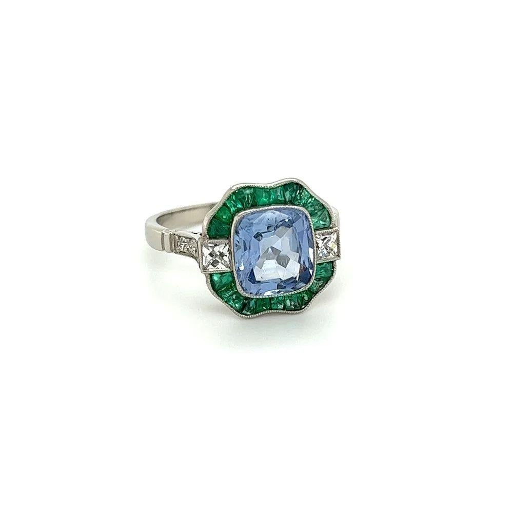 2.35 Carat Cushion NO HEAT Sapphire GIA Diamond and Emerald Vintage Platinum Ring Fine Estate Jewelry Simply Beautiful! Finely detailed Cushion Sapphire, Diamond and Emerald Vintage Art Deco Revival Platinum Cocktail Ring. Centering a securely