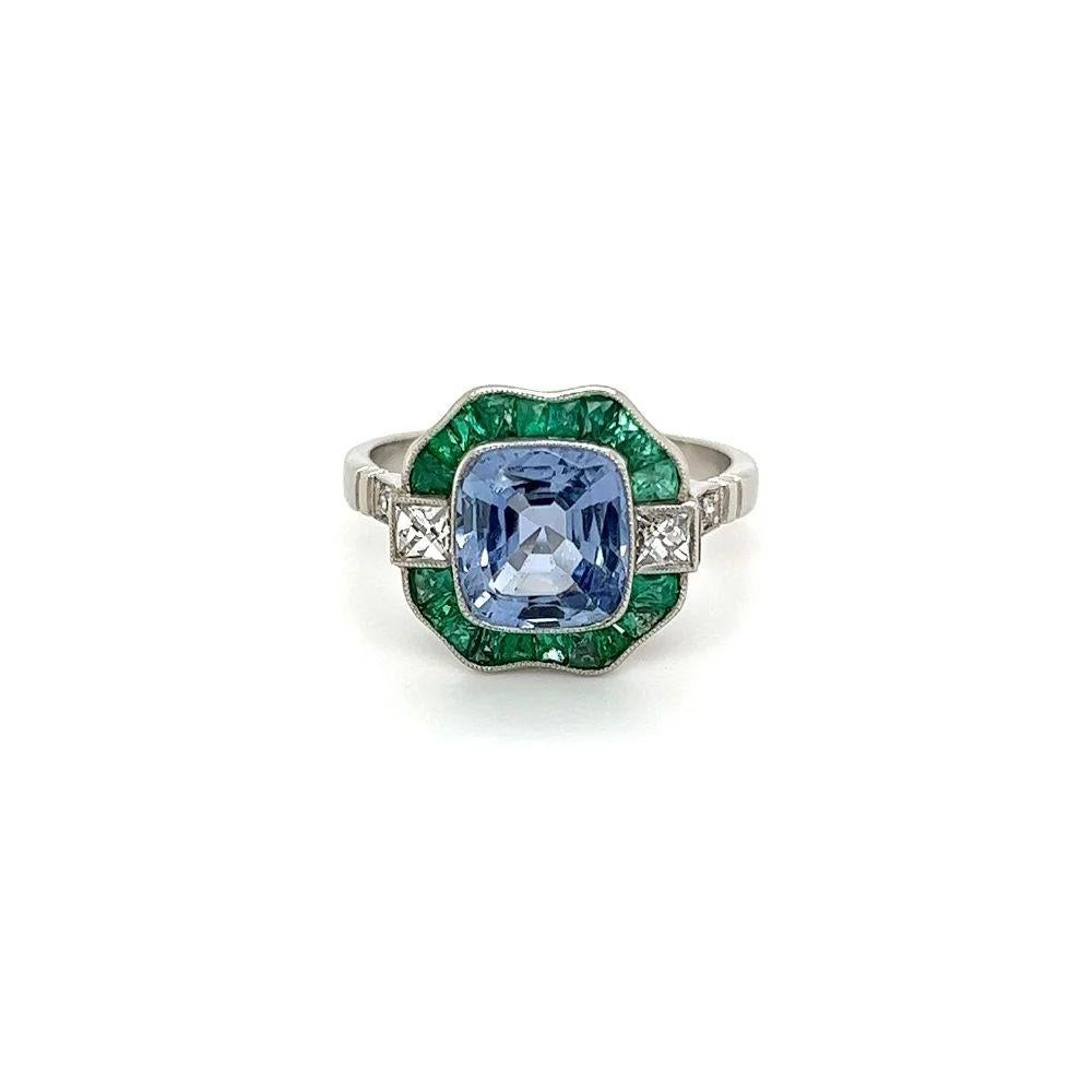 Cushion Cut 2.35 Carat Cushion NO HEAT GIA Sapphire Diamond Emerald Vintage Platinum Ring For Sale