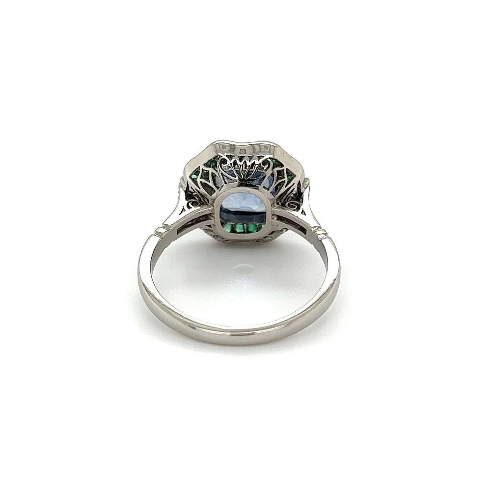 Women's 2.35 Carat Cushion NO HEAT GIA Sapphire Diamond Emerald Vintage Platinum Ring For Sale
