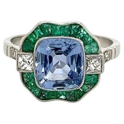 2.35 Carat Cushion NO HEAT GIA Sapphire Diamond Emerald Vintage Platinum Ring For Sale