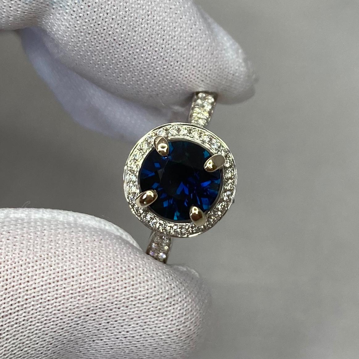 2.35 Carat Deep Blue Sapphire and Diamond 18 Karat Gold Halo Ring Round Cut In New Condition In Birmingham, GB