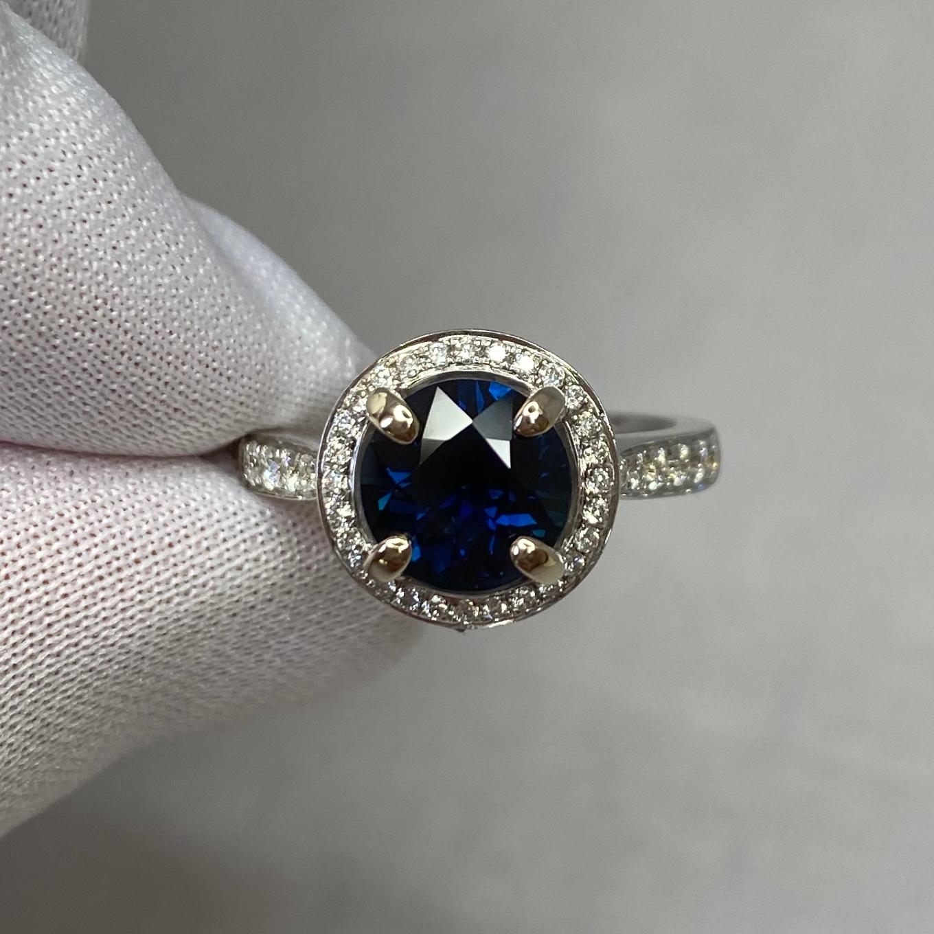 2.35 Carat Deep Blue Sapphire and Diamond 18 Karat Gold Halo Ring Round Cut 2