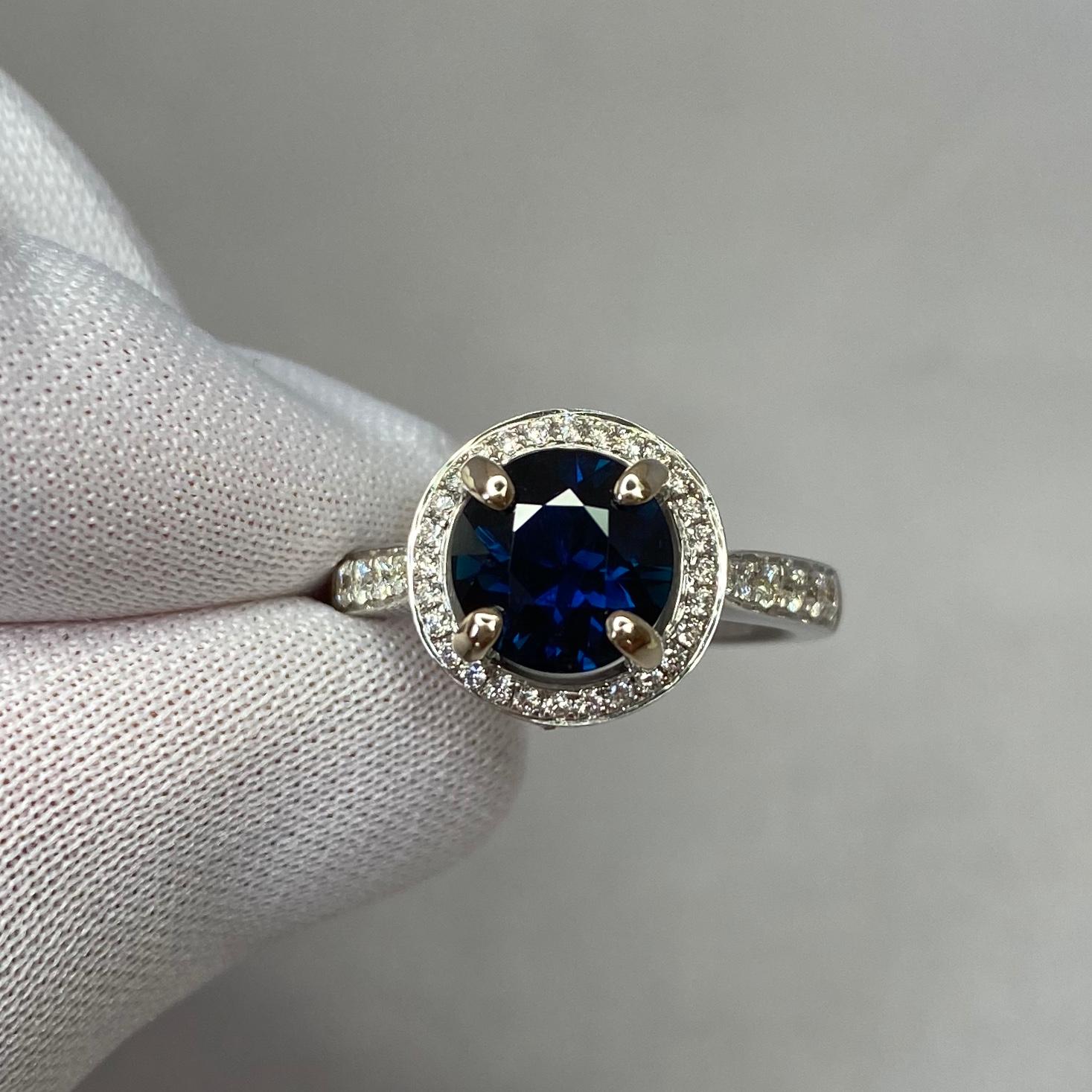 2.35 Carat Deep Blue Sapphire and Diamond 18k White Gold Halo Ring Round Cut In New Condition In Birmingham, GB