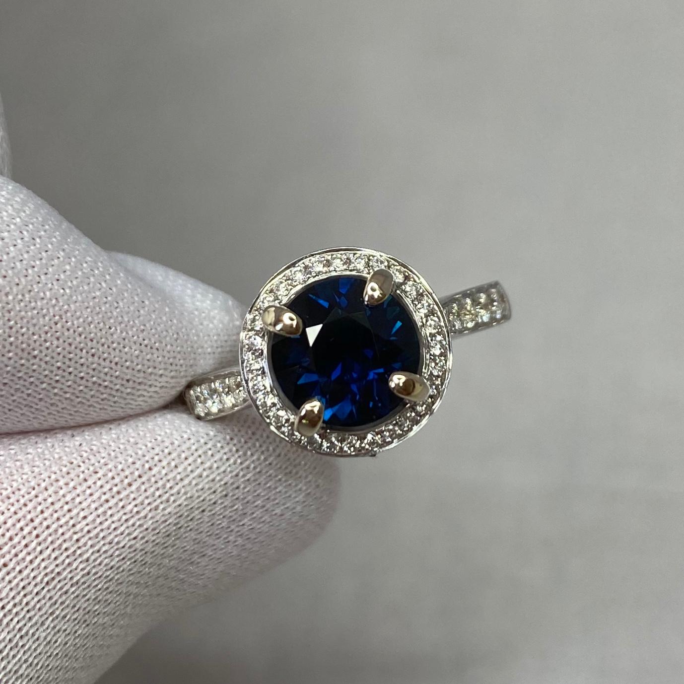 Women's or Men's 2.35 Carat Deep Blue Sapphire and Diamond 18k White Gold Halo Ring Round Cut