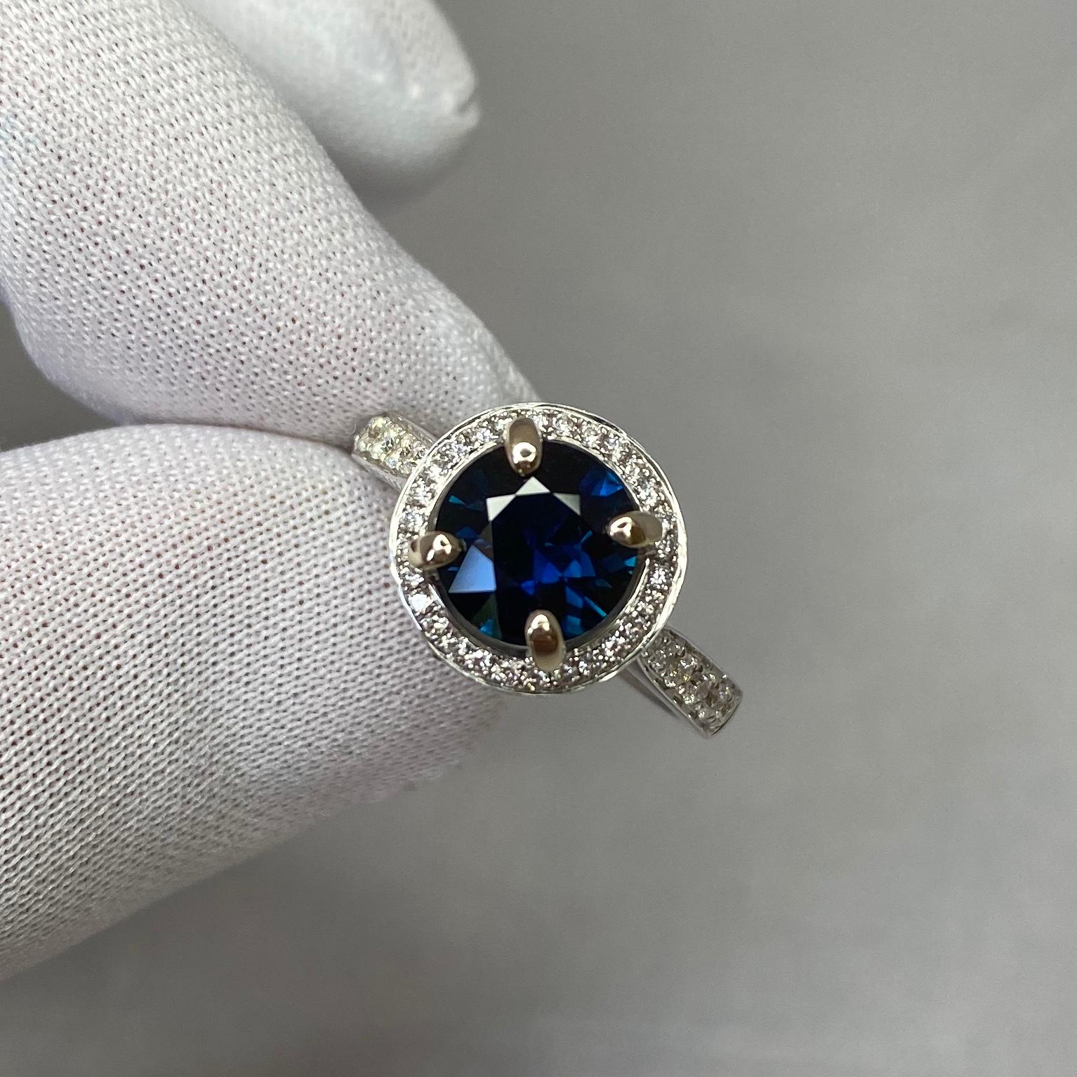 2.35 Carat Deep Blue Sapphire and Diamond 18k White Gold Halo Ring Round Cut 2