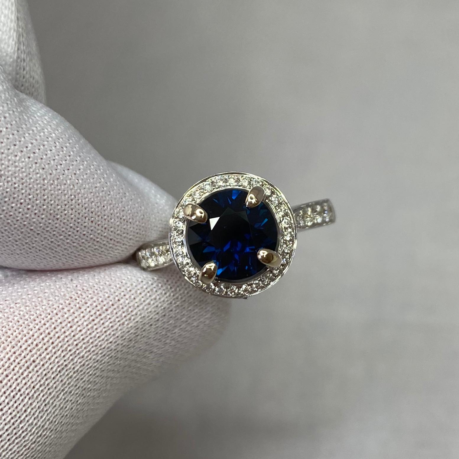 2.35 Carat Deep Blue Sapphire and Diamond 18k White Gold Halo Ring Round Cut 3