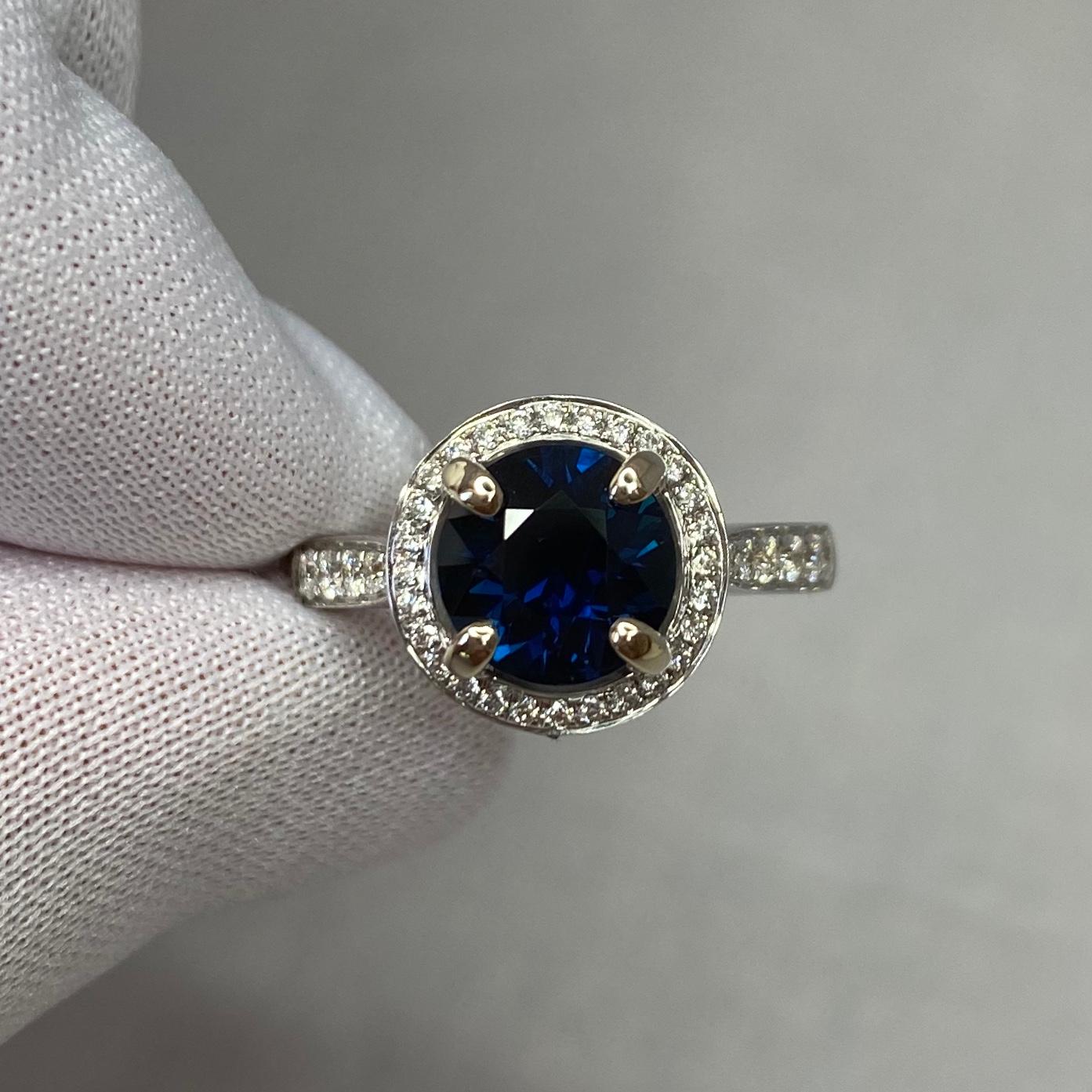 2.35 Carat Deep Blue Sapphire and Diamond 18k White Gold Halo Ring Round Cut 4
