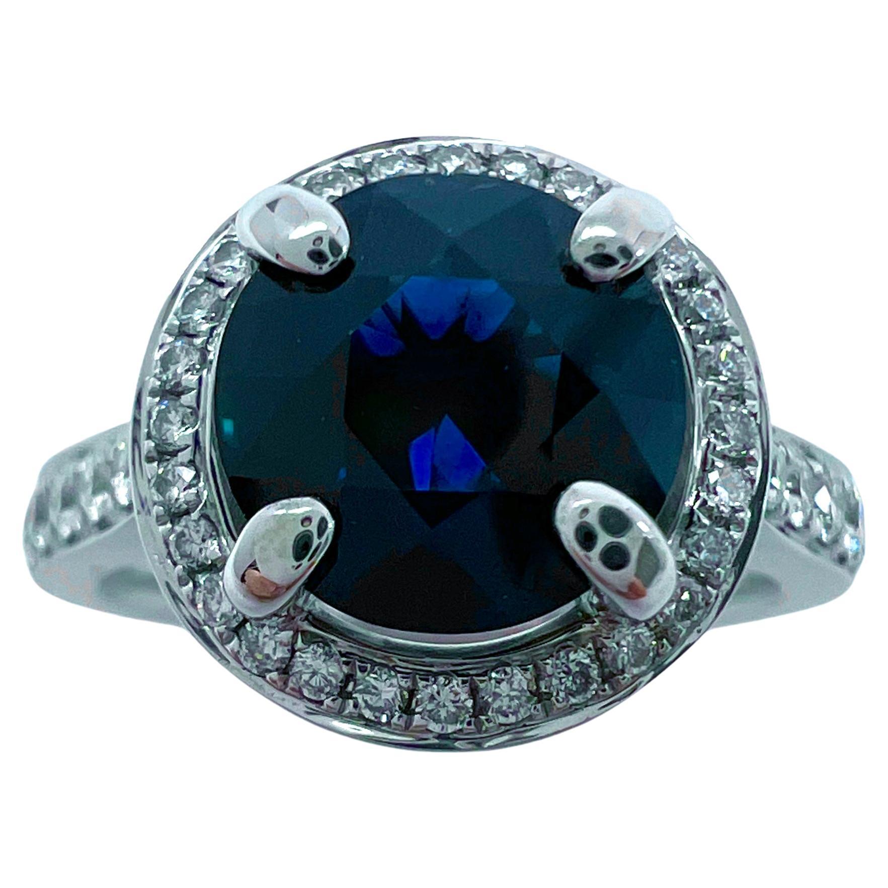 2.35 Carat Deep Blue Sapphire and Diamond 18k White Gold Halo Ring Round Cut