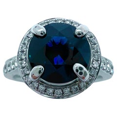 2.35 Carat Deep Blue Sapphire and Diamond 18k White Gold Halo Ring Round Cut