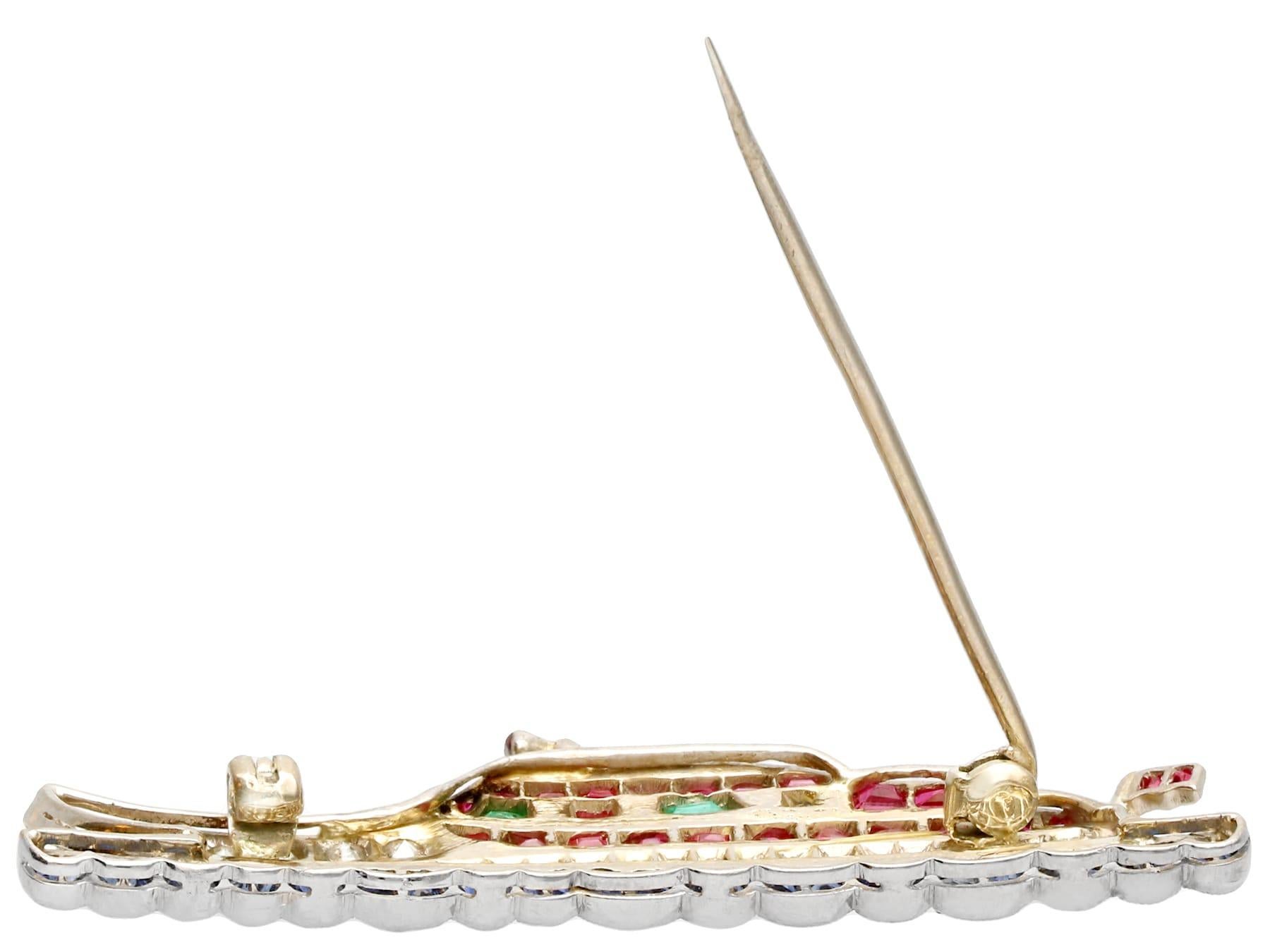 Women's or Men's 2.35 Carat Diamond Sapphire Ruby and Emerald Yellow Gold Boat Brooch For Sale