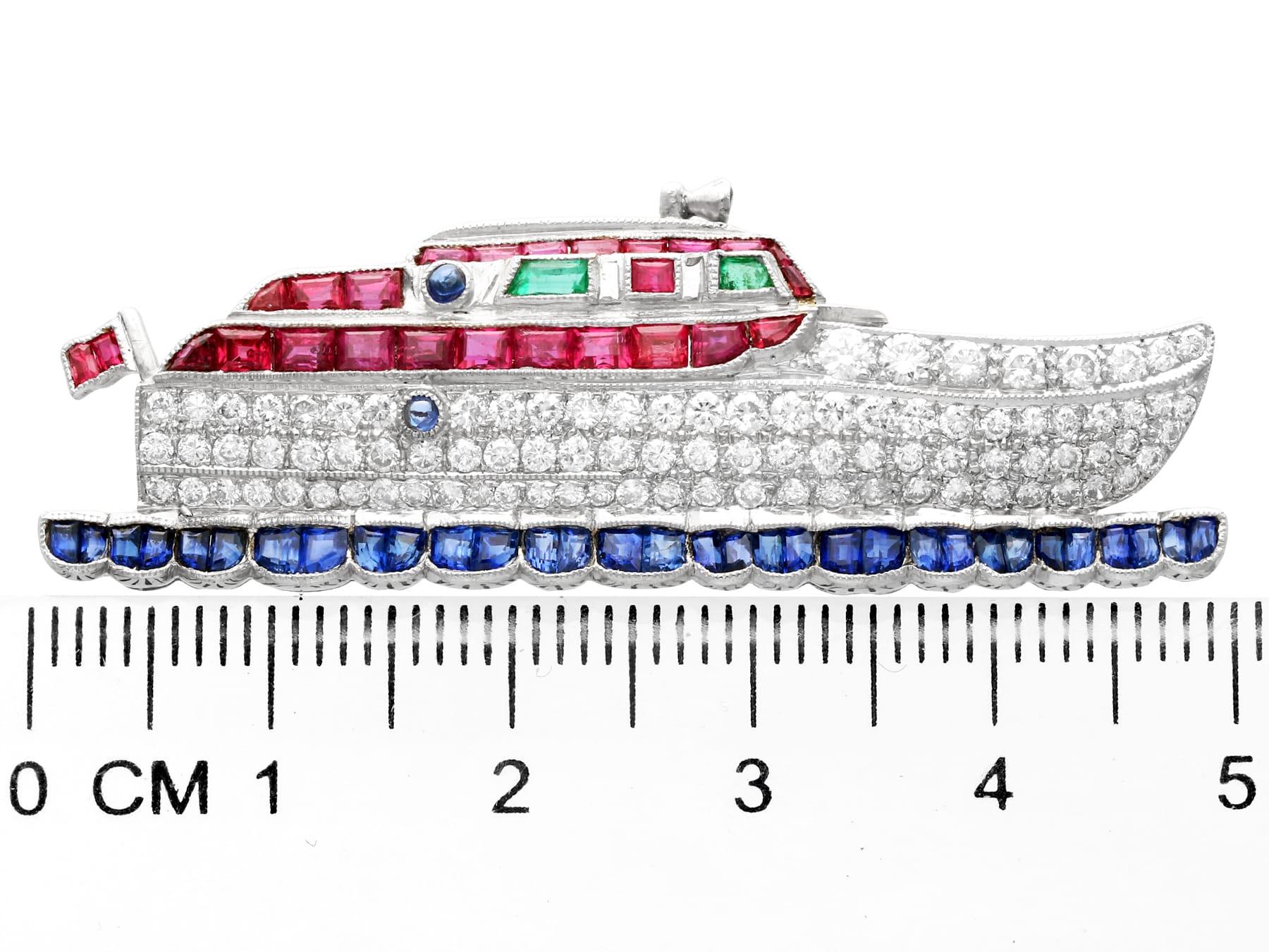 2.35 Carat Diamond Sapphire Ruby and Emerald Yellow Gold Boat Brooch For Sale 1