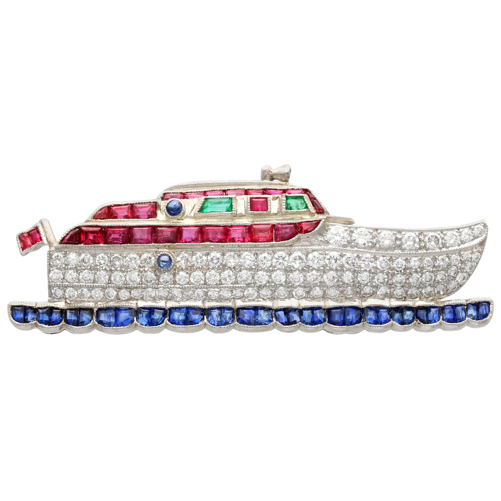 2.35 Carat Diamond Sapphire Ruby and Emerald Yellow Gold Boat Brooch