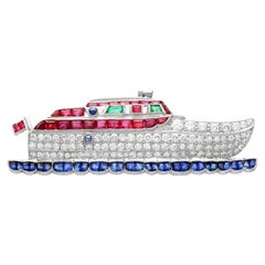 Broche Barco Oro Amarillo Zafiro Rubí y Esmeralda Diamante 2,35 Quilates