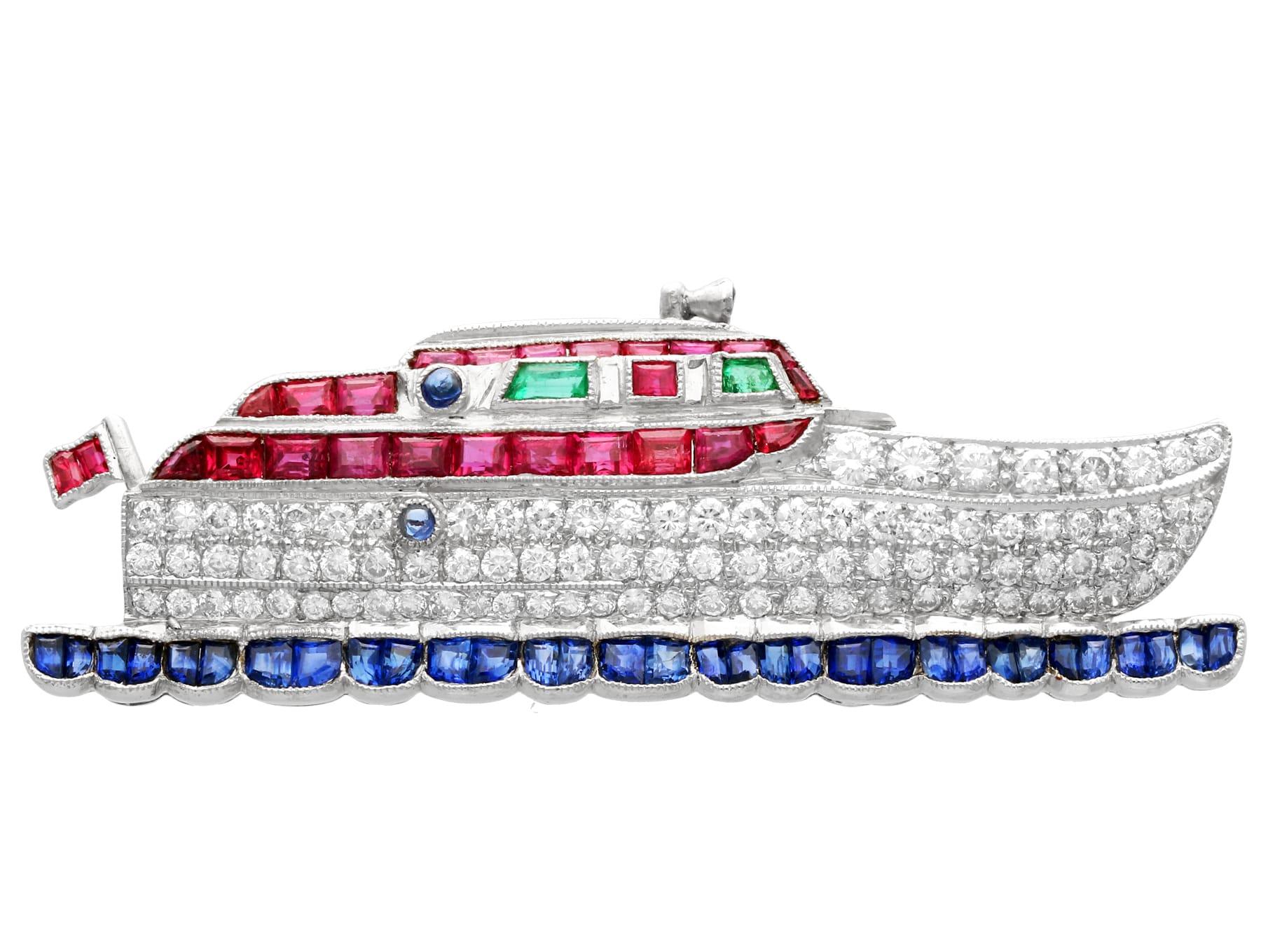 2.35 Carat Diamond Sapphire Ruby and Emerald Yellow Gold Boat Brooch For Sale