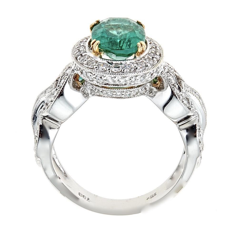 Contemporary 2.35 Carat Oval Cut Emerald Vintage Style Ring Diamond 14 Kt White Gold Jewelry