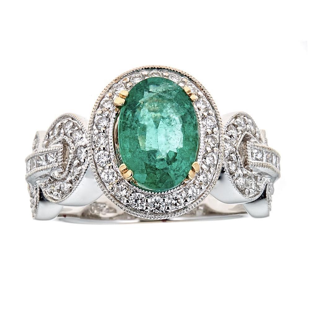 2.35 Carat Oval Cut Emerald Vintage Style Ring Diamond 14 Kt White Gold Jewelry