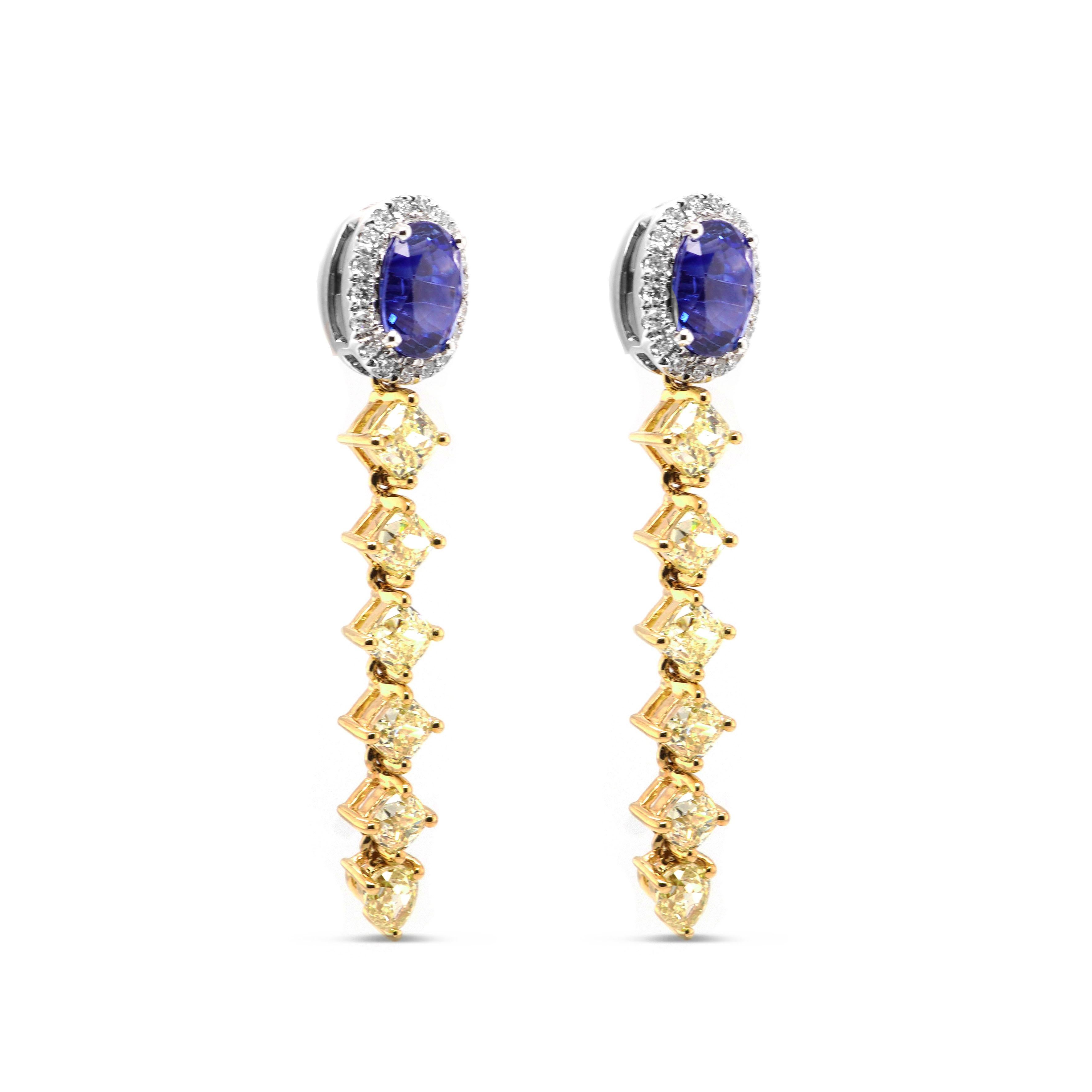 Art Nouveau 2.35 Carat Fancy Intense Yellow Diamond Sapphire 2.01 Carat Dangle Earring 18K