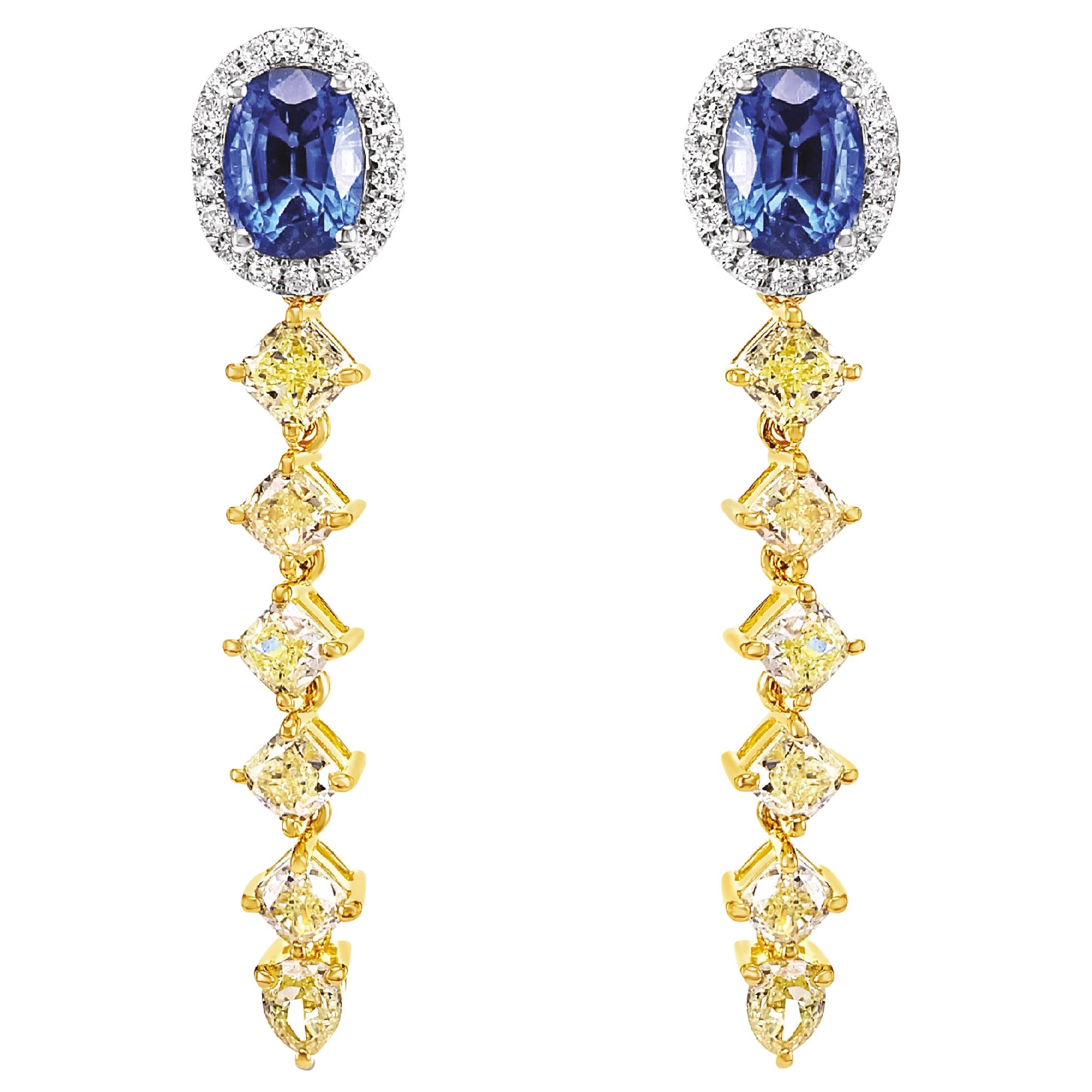 2.35 Carat Fancy Intense Yellow Diamond Sapphire 2.01 Carat Dangle Earring 18K