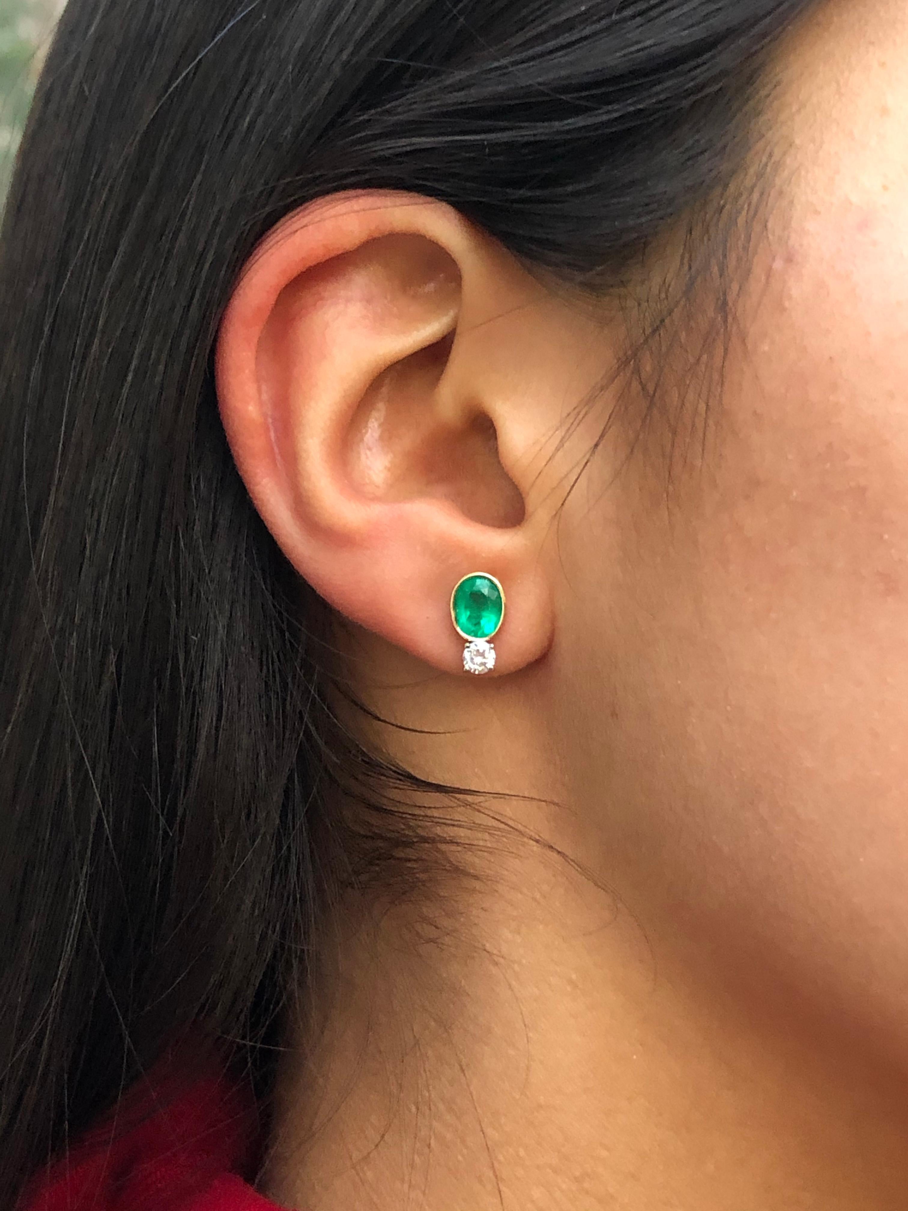 2.35 Carat Natural Colombian Emerald Diamond Stud Earrings 18 Karat 2